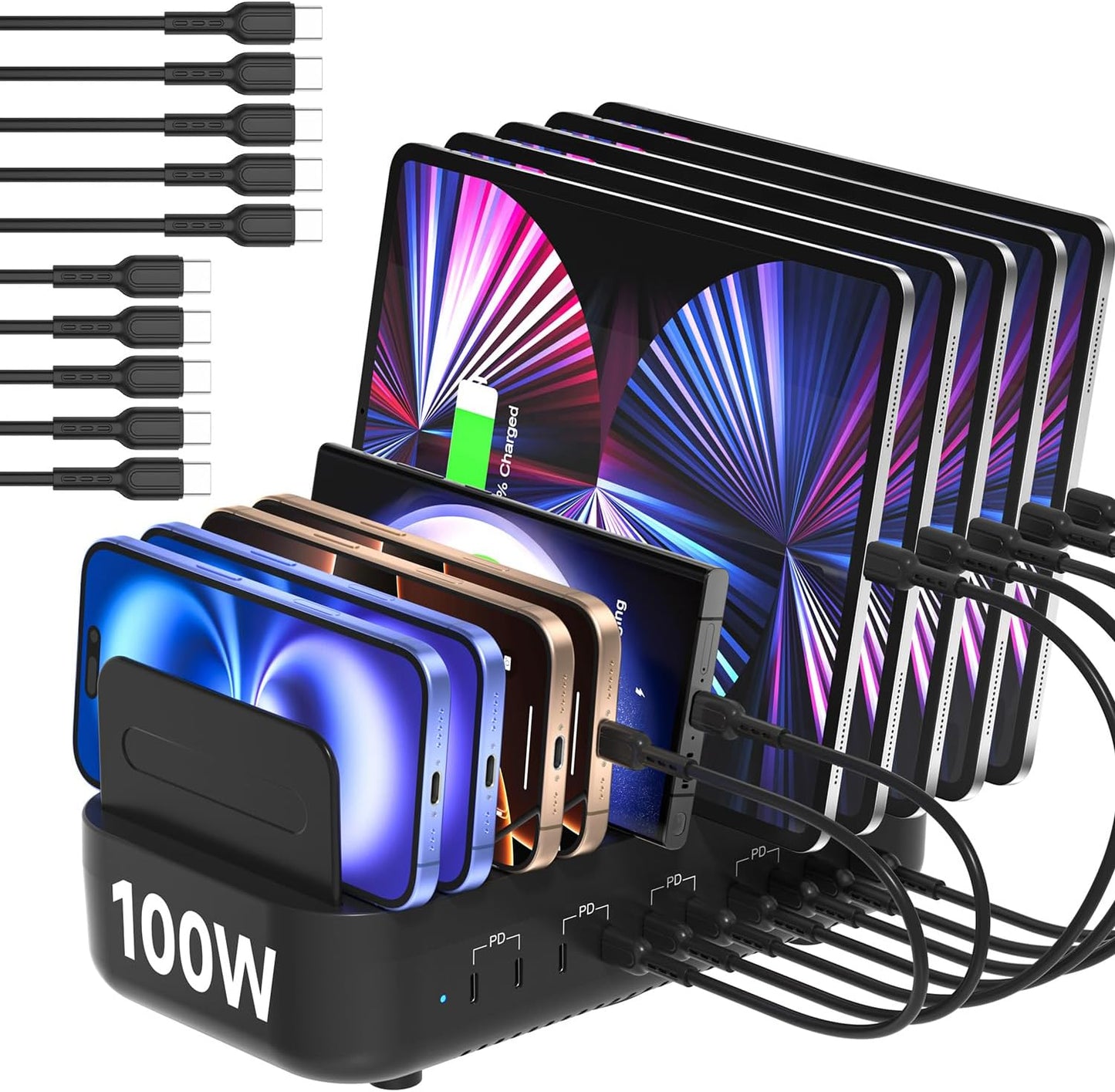 SooPii USB Charging Station,100W Fast Charging Station for Multiple Devices with 10pcs USB C Cables, 10-Port Type C Phone Charger Station Organizer Compatible with lPad,Tablet,Kindle and More(Black)