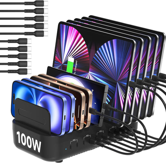 SooPii USB Charging Station,100W Fast Charging Station for Multiple Devices with 10pcs USB C Cables, 10-Port Type C Phone Charger Station Organizer Compatible with lPad,Tablet,Kindle and More(Black)