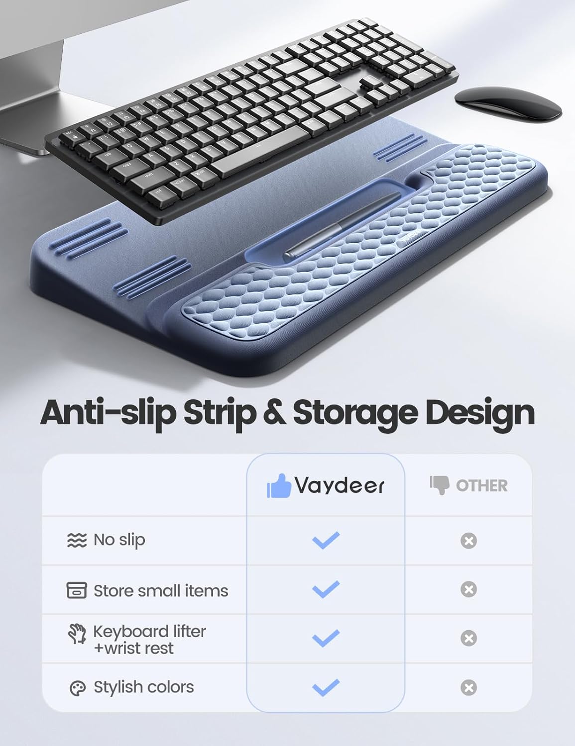 Vaydeer Wrist Rest with Keyboard Stand, Computer Wrist Support Pad, Ergonomic Keyboard Riser Holder Lift Tray with Wrist Pad, Soft Memory Foam Desk Cushion, Palm Arm Hand Typing for Office Home Gift