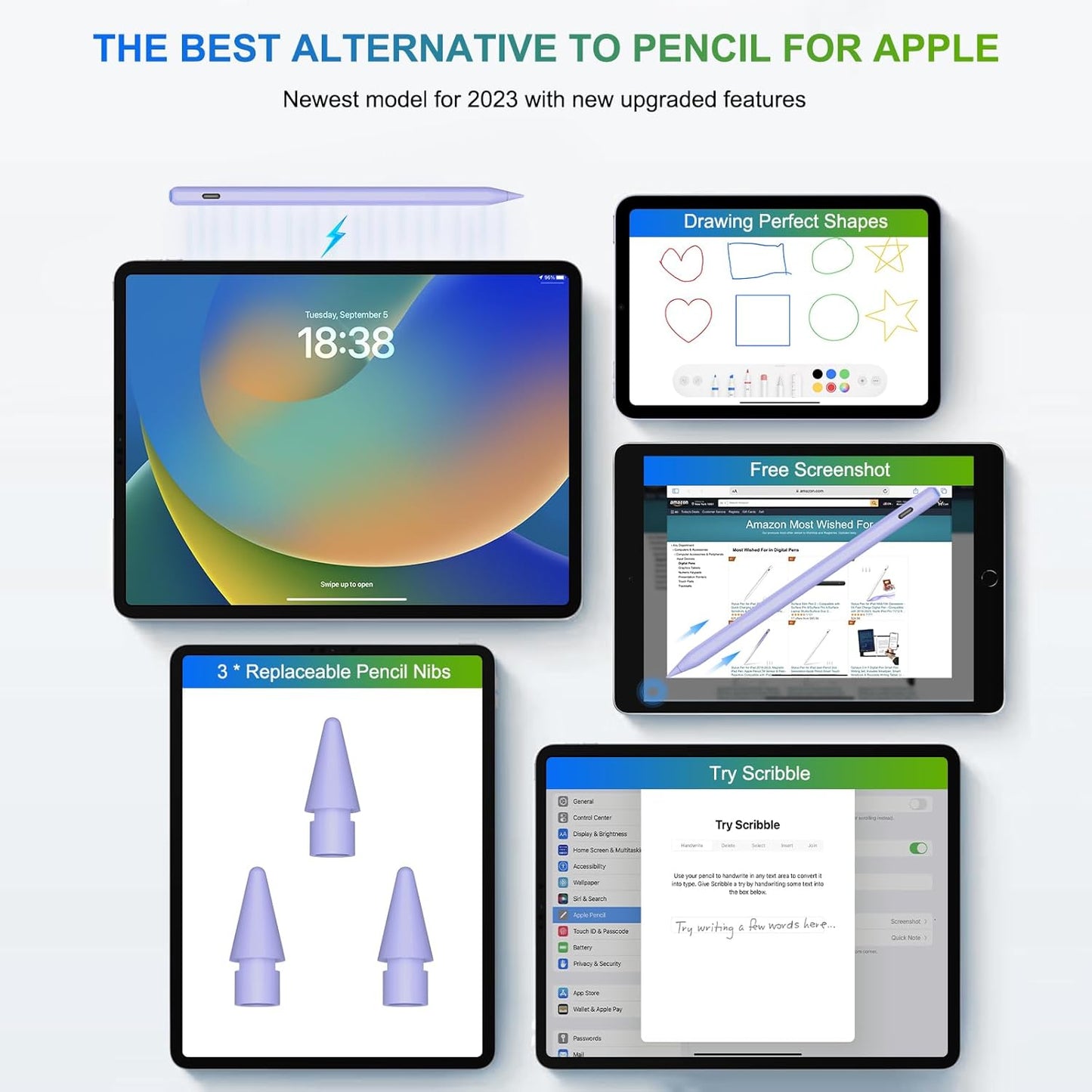 Pencil 2nd Generation Wireless Charging, HATOKU Pencil for iPad with Tilt & Palm Rejection, Magnetic Stylus Pen for ipad Air M3/3/4/5, iPad mini 5/6, ipad 6/7/8/9/10/11 Gen, ipad Pro 11/12.9 (Purple)