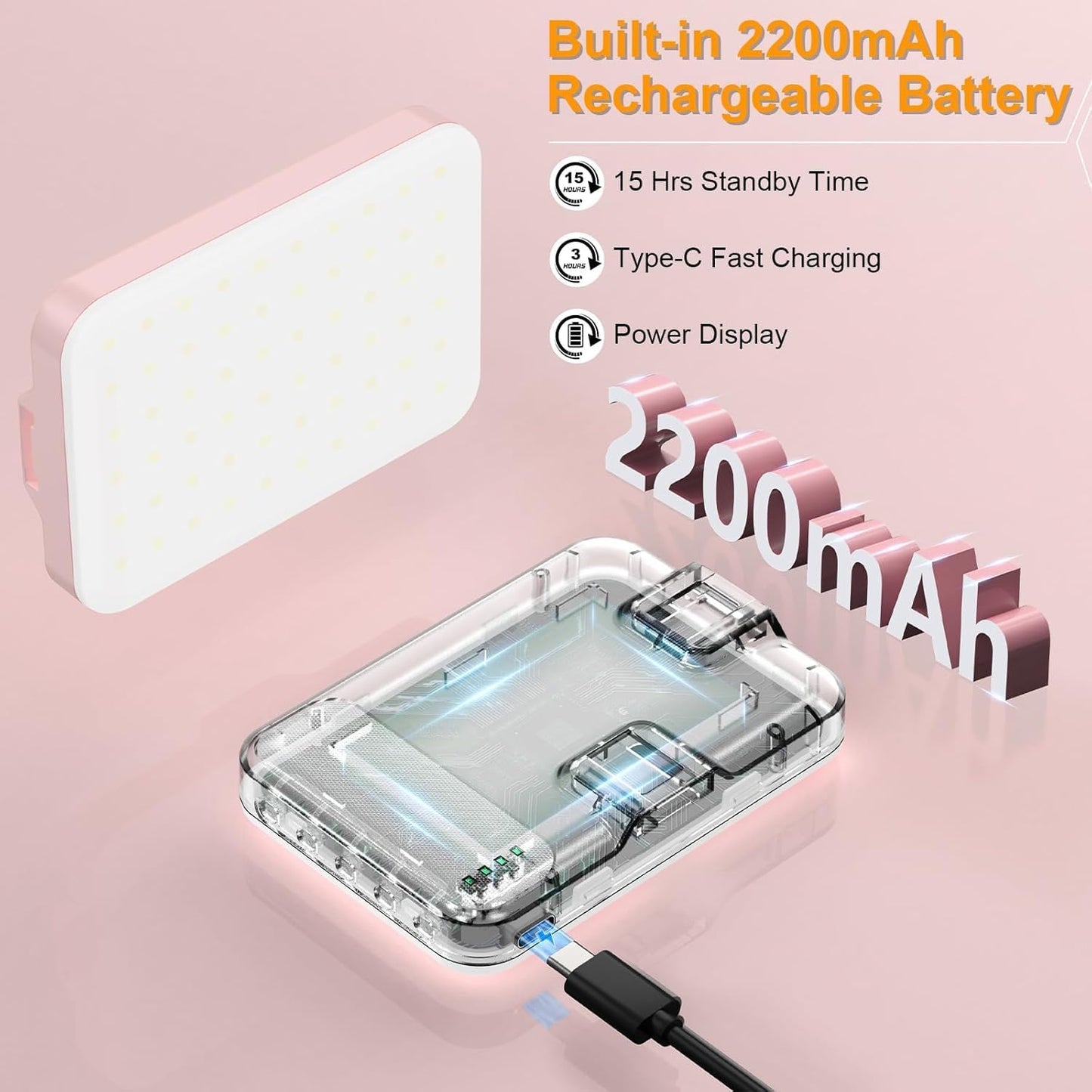 Hagibis LED Camera Light Video Lights Portable Photography Lighting 60 LED 2200mAh Rechargeable Selfie Light 7 Modes, 10-Level Brightness, Portable Clip on Light for Phone/Tablet/Laptop, Pink