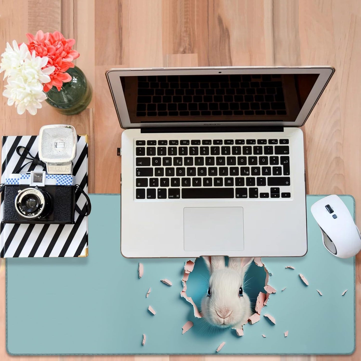 Gaming Desk Pad Large Extra Length Bunny Peeking Out of A Hole Mouse Pad Keyboard Laptop Non-Slip Waterproof with Rubber Base Thick Stitched Edge Mouse Mat for Office Home 35.4 x 15.7 Inches