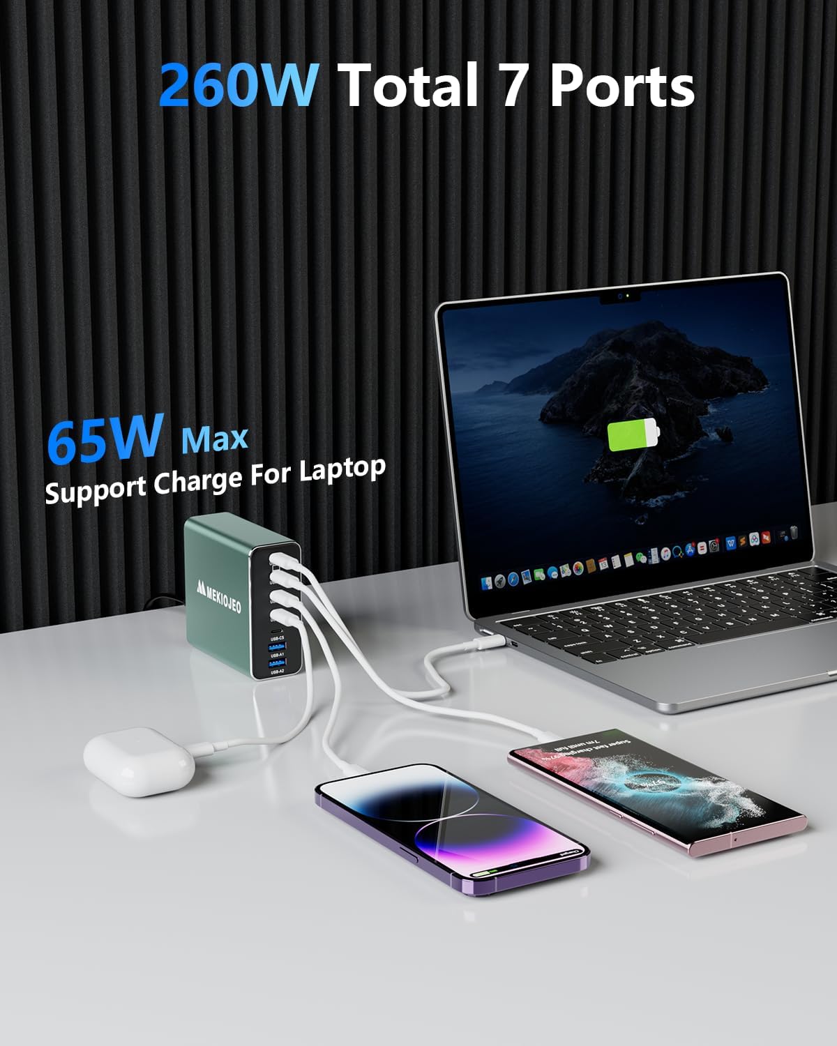 Aluminum Alloy USB C Charger 260W GaN Fast USB C Charging Station 7 Ports 65W Laptop Charger for MacBook Pro/Air/iPad Pro/iPhone (Green-5C2A)