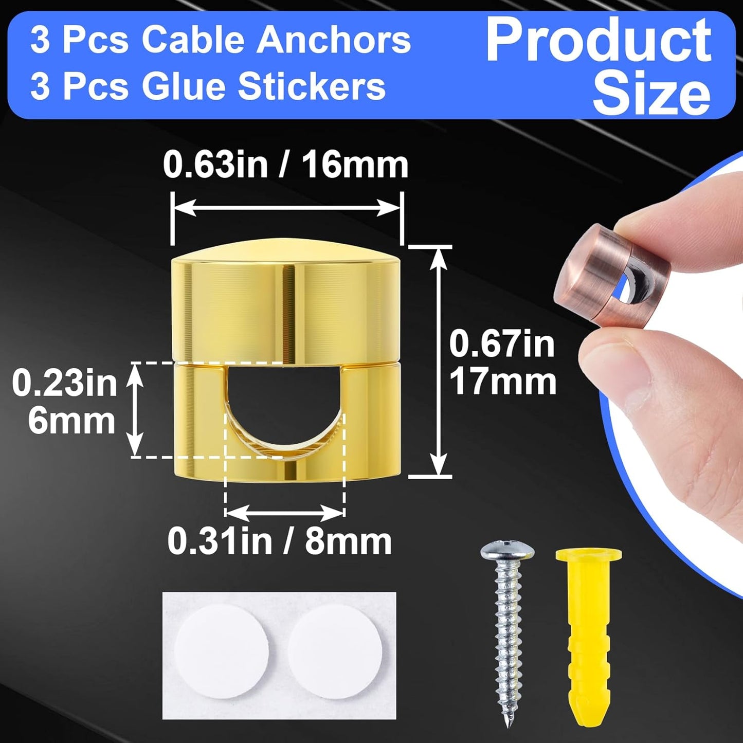 3 Sets Charger Holders for Cords, Adjustable Cable Anchor Holders, Adhesive Metal Cord Clips, Cable Management Wire Organizers for Desk, Office, Nightstand - Gold, Red Bronze, Silver