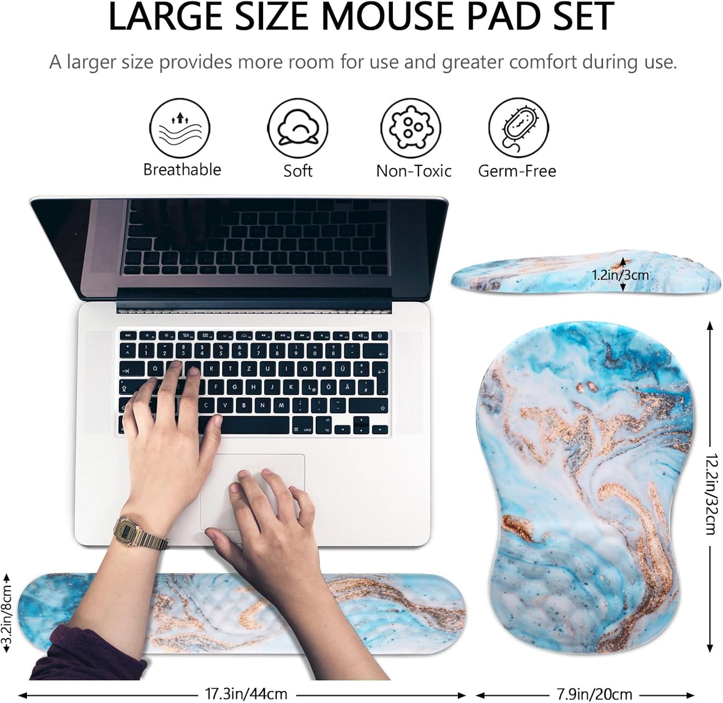 Mouse Pad Wrist Support, Laokiiy 2 in 1 Keyboard Wrist Rest+ Ergonomic Mouse Pad, Non-Slip Wrist Rest for Computer Keyboard, Made Easy Typing & Relieve Wrist Pain(White Gold Beach Marble)