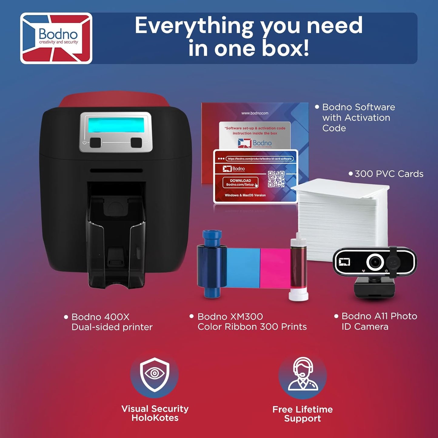 Bodno Magicard 400X Dual Sided ID Card Printer & Complete Supplies Package ID Software - Gold Edition