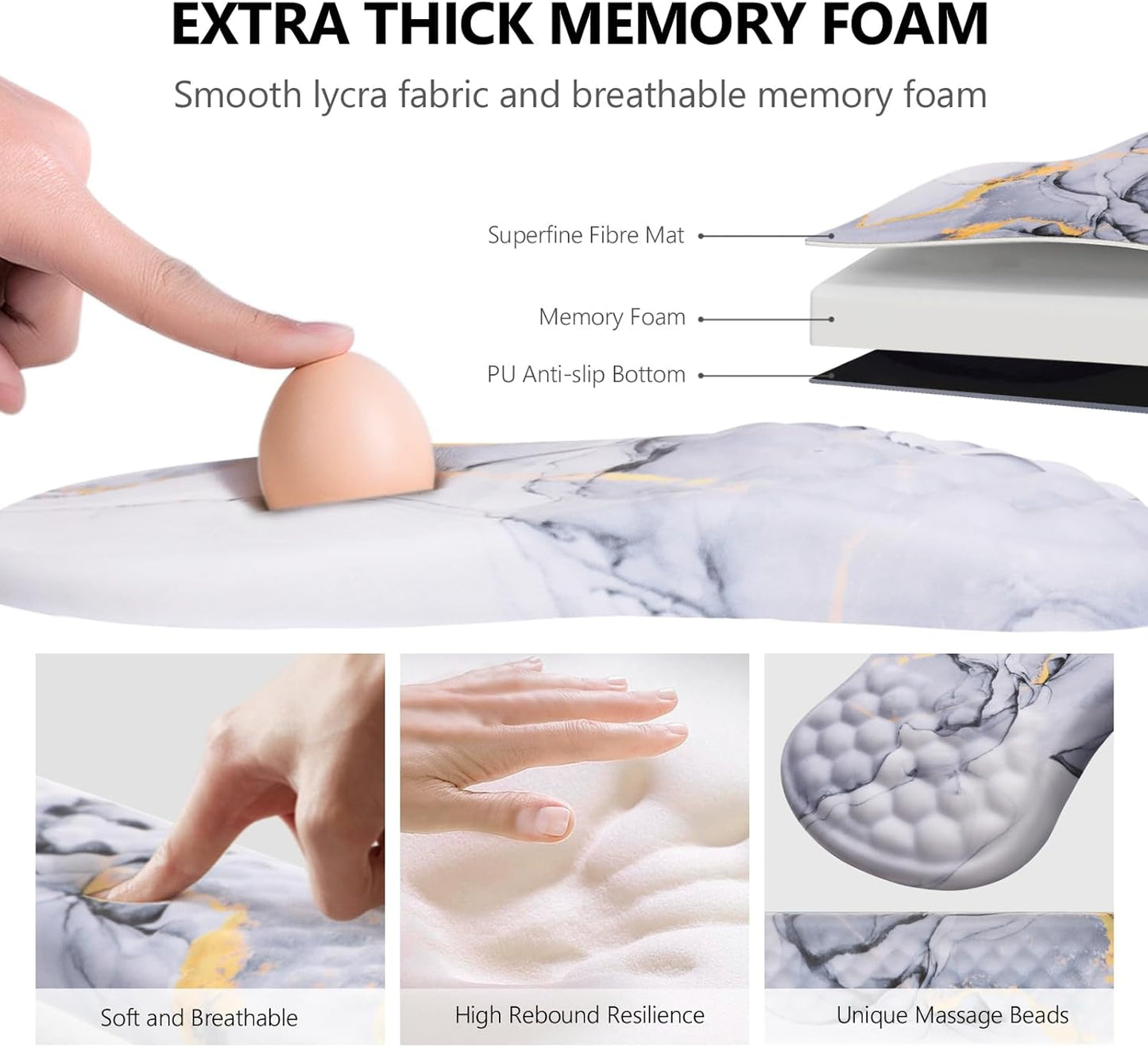 Mouse Pad Wrist Support, Laokiiy 2 in1 Keyboard Wrist Rest+ Ergonomic Mouse Pad, Non-Slip Wrist Rest for Computer Keyboard, Made Easy Typing & Relieve Wrist Pain(White Gold Gray Marble)