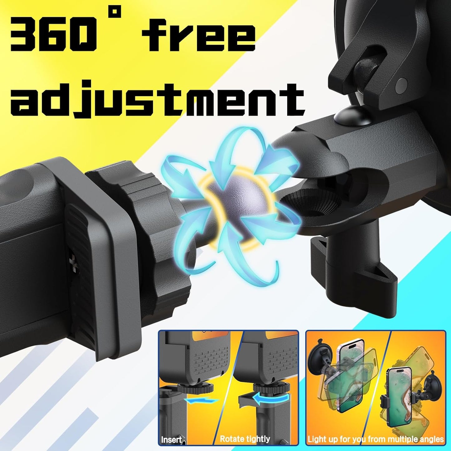 Suction Cup Phone Mount with Rechargeable Light, Mirror Phone Holder with Light Shower Bathroom Kitchen, Mirror Tripod for TikTok YouTube Instagram Make Up Pics Video Content Creator