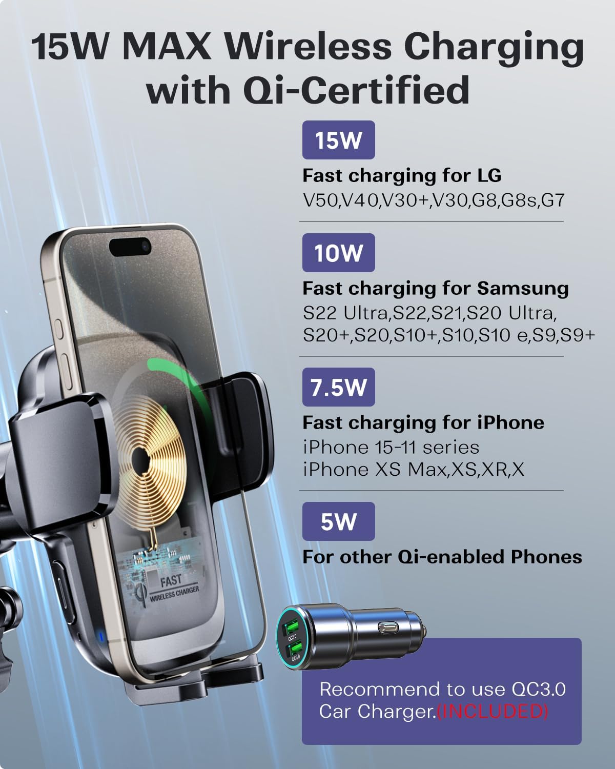 KPON Wireless Charger for Car, Car Phone Holder Charger Mount Qi Certified Auto Clamping 15W Fast Charging for Dashboard Air Vent Windshield Mount for Samsung Galaxy/iPhone 16 15 14 13 12 /Google/LG