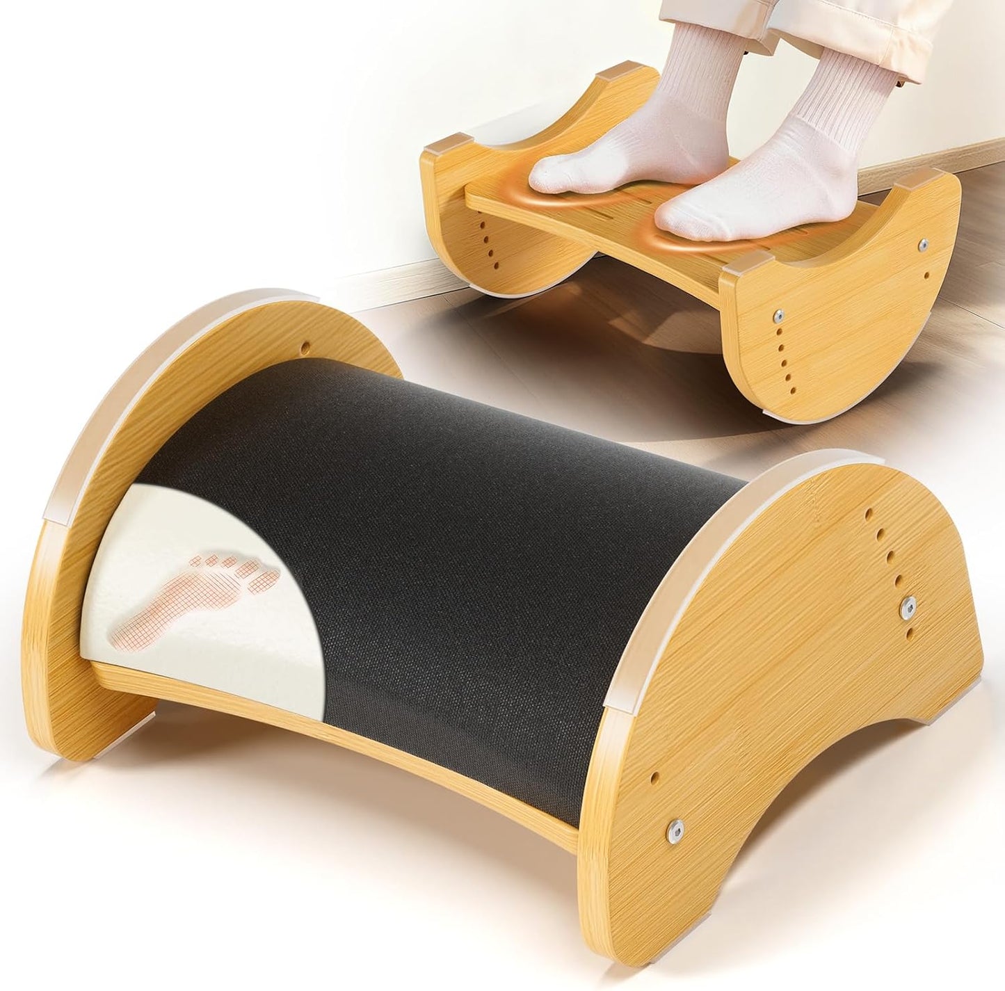 Bamboo Foot Rest for Under Desk at Work, Reversible Ergonomic Rocking Office Foot Rest, 6 Heights Adjustable & Non-Slip Mats with Foam Cushion, Under Desk Footrest for Home Office