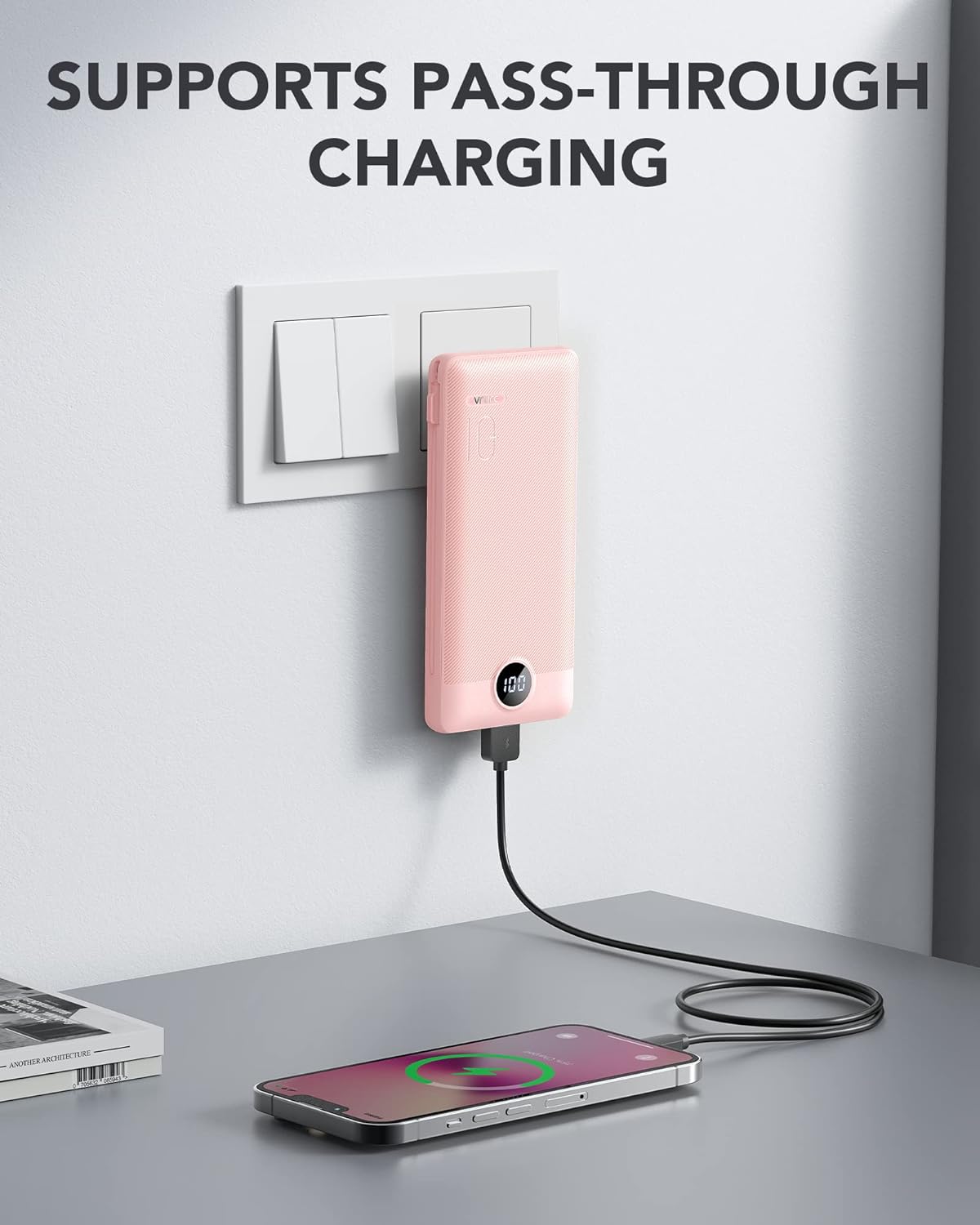 VRURC Portable Charger Built-in Cables and AC Wall Plug, USB C Power Bank 10000mAh, Travel Essentials Phone Charger Compact Lightweight External Battery Pack for Smart Phones, Tablets etc-Pink