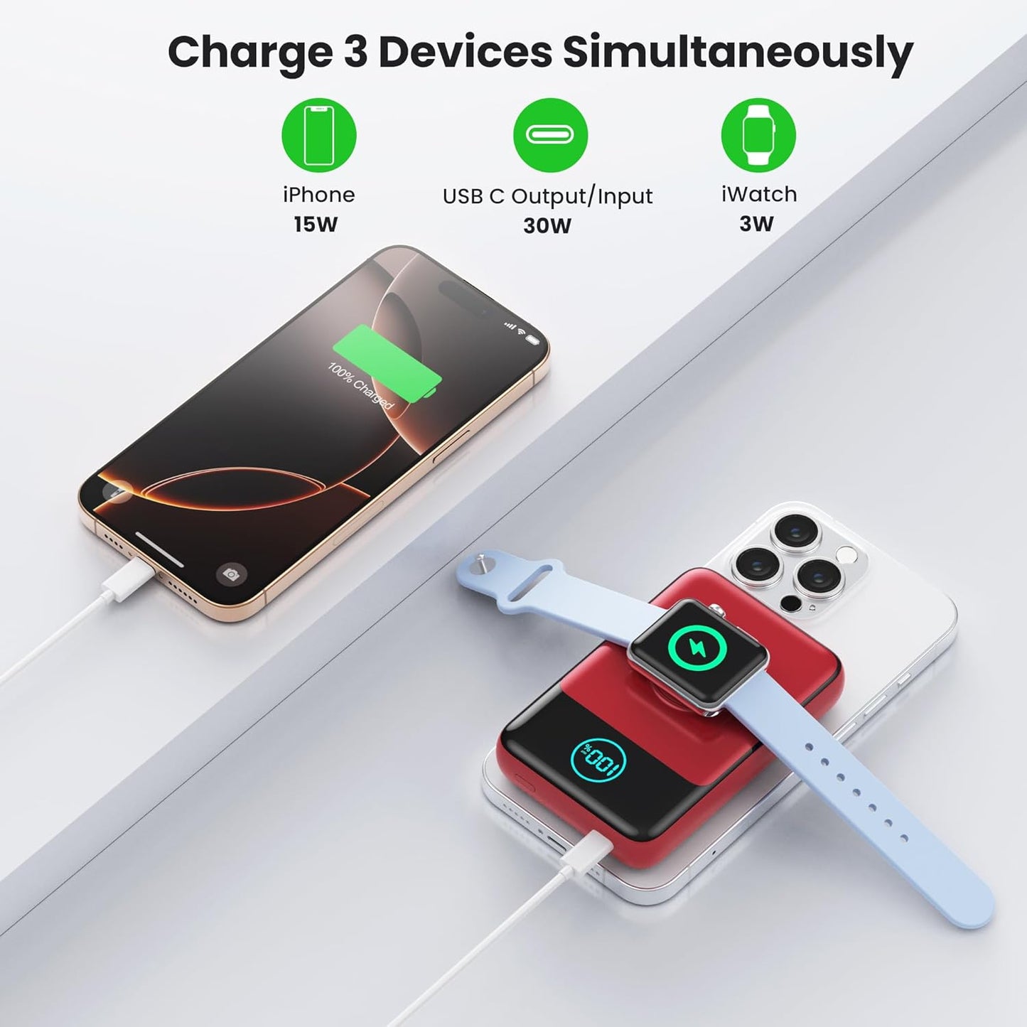 Magnetic Portable Charger for iPhone, 3-in-1 10800mAh Qi2 15W Wireless Power Bank with iWatch Charger,30W PD Fast Charging USB-C LCD Display Battery Pack for Magsafe,iPhone 16/15/14/13/12, Apple Watch