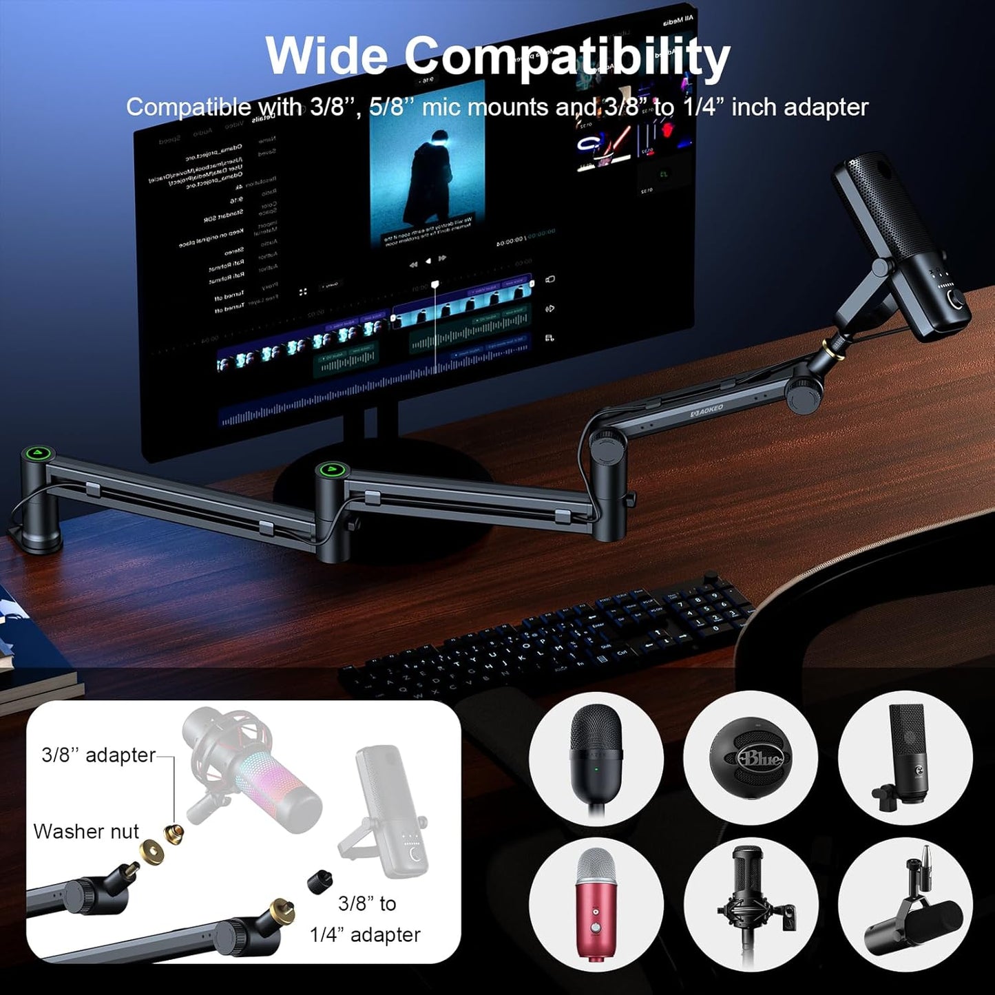 Microphone Arm,Aokeo AK-58i Desk Low Profile Mic Boom Arm Stand,Suitable For Blue Yeti,Snowball iCE,HyperX QuadCast,SoloCast,Elgato Wave,Etc