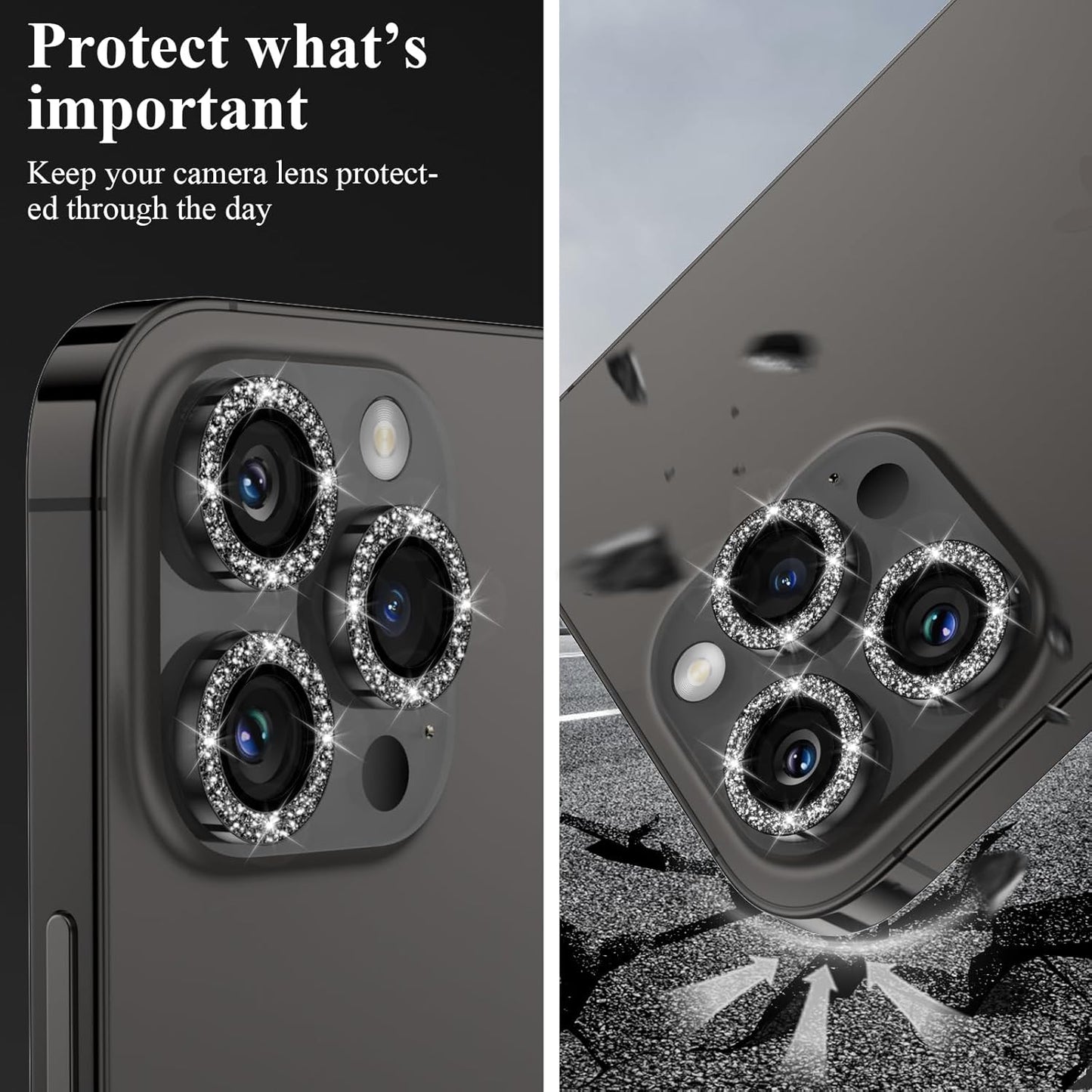 YWXTW Designed for iPhone 14 Pro/iPhone 14 Pro Max Camera Lens Protector Bling, [New Glitter Design] Individual Metal Tempered Glass Camera Cover Accessories Case Friendly, 1 Set (Black Glitter)