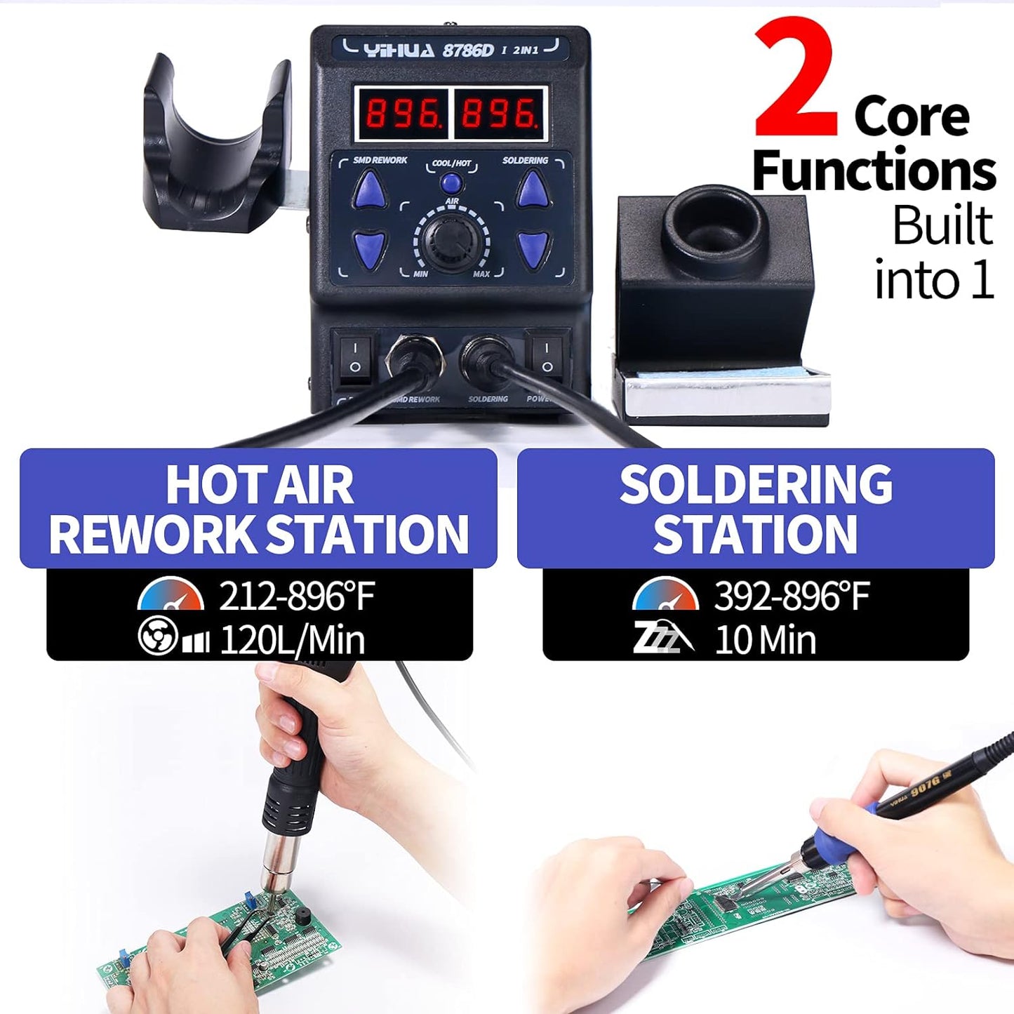 YIHUA 8786D I 2 in 1 Hot Air Rework and Soldering Iron Station with °F /°C, Cool/Hot Air Conversion, Digital Temperature Correction and Sleep Function