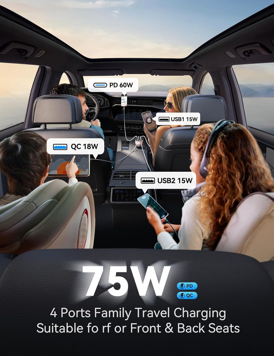 USB C Car Charger Cigarette Lighter Adapter 75W 4-Port Fast Car Charger Fast Charging Compatible with iPhone16/15/14/13 Series- Pink