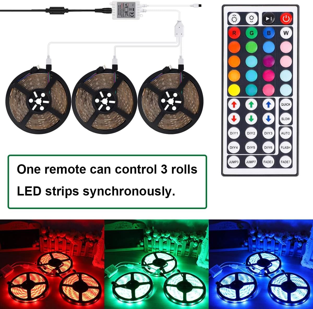 SUPERNIGHT 1-to-3 Remote Controller Dimmer for RGB LED Strip Lights, One Remote Can Control 3pcs Light Strips Synchronously, for SMD 5050 2835 3528 Multi Color Changing Rope Lights (3 Ports)