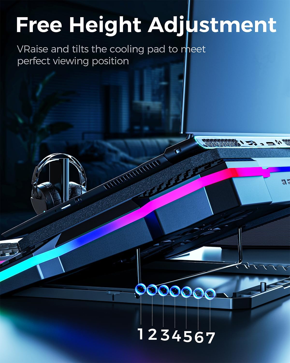 KeiBn Gaming Laptop Cooling Pad, Laptop Cooler with 5.5inch Cooling Fan, Rapid Cooling Fan Laptop 15.6-19.3inch, Infinitely Variable Speed, 7 Height Stands, 2 USB Ports-K1 5V