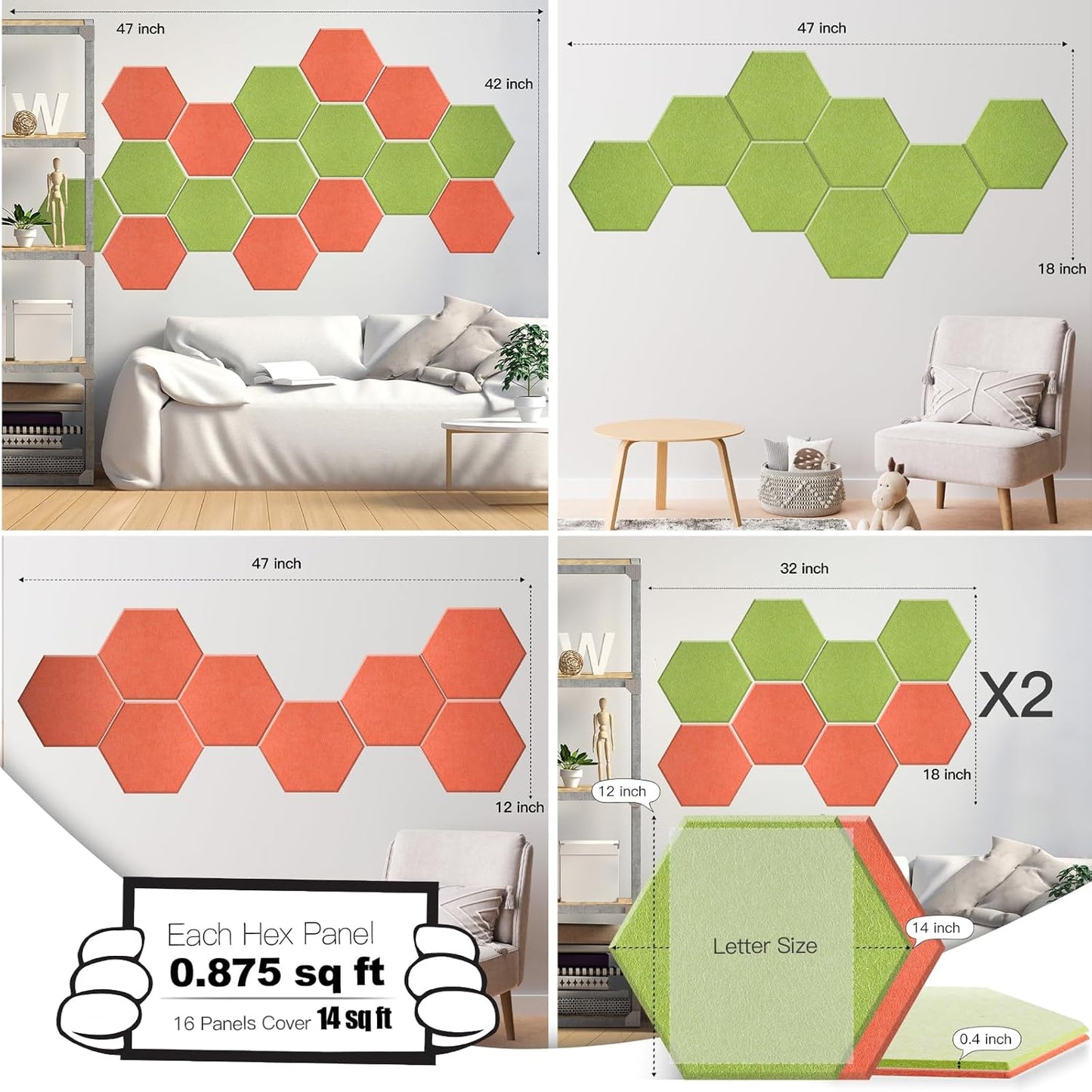 Mollywell Hexagon Acoustic Panels, High Density, Soundproofing, Decorative Noise Reduction Felt Wall Tiles for Ceilings, Home Office & Gaming Room (Orange and Fruit Green), 14x12x0.4 Inch
