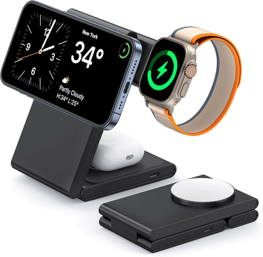 3 in 1 Wireless Charging Station for Multiple Devices, Fast Foldable Travel Mag-Safe Stand for iPhone 16/15/14/13/12/Series, Magnetic Charger for Apple Watch 10/Ultra 2/AirPods 4 with 20W Adapter