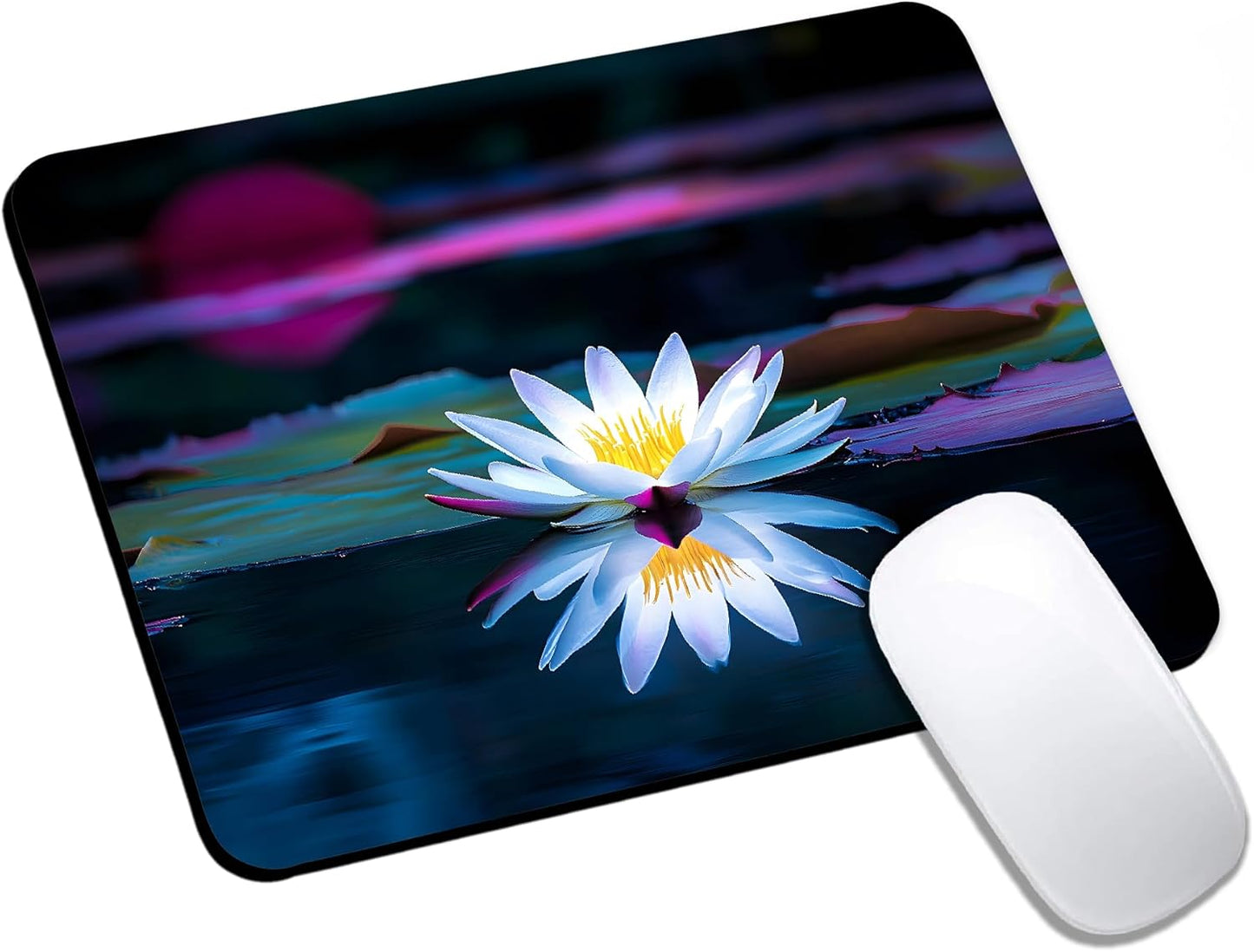 Mouse Pad, Cute Lake White Lotus Flowers Mouse Pads for Desk, 9.5" x 7.9" Non-Slip Rubber Base Computer Mousepad with Women, Portable Square Design for Wireless Mouse and Pad Laptop Office & Travel
