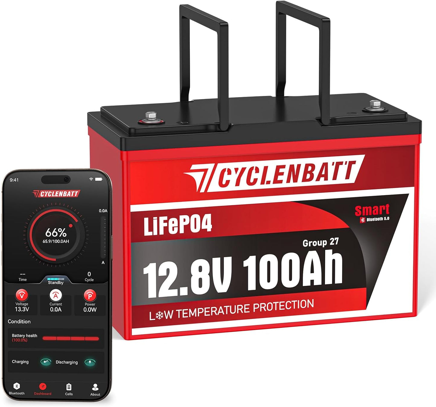 12V 100Ah Bluetooth LiFePO4 Battery, Low-Temp Protection 12V Lithium Battery Built in 100A BMS, Group 27 Lithium Batteries 12V Great for Marine, Trolling Motor, RV, Solar, Off Grid, Camping
