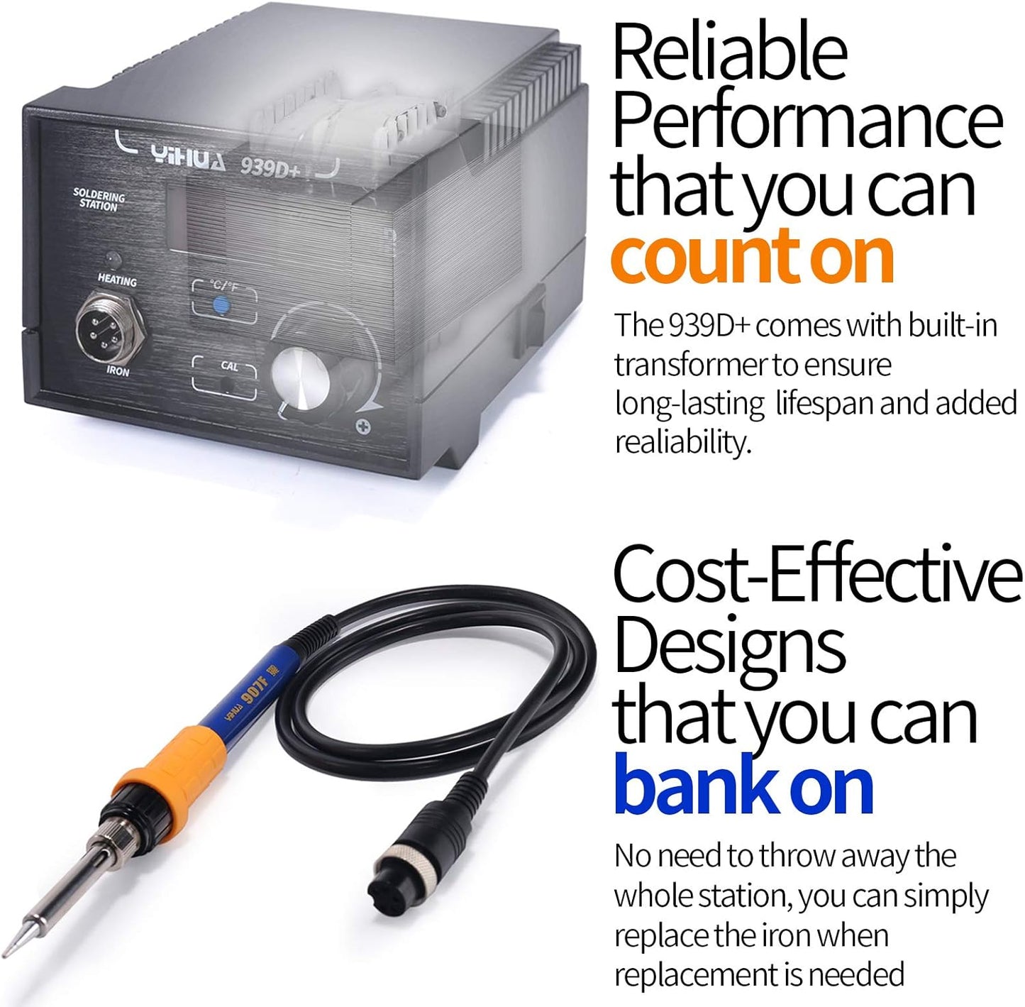 YIHUA 939D+ Digital Soldering Station, 75 Watt Equivalent with Temperature Control, °C/°F Display. ESD safe for Electronics. Aluminum Panel (Resists Burn). Solder Tips, Lead-free Solder & Extras