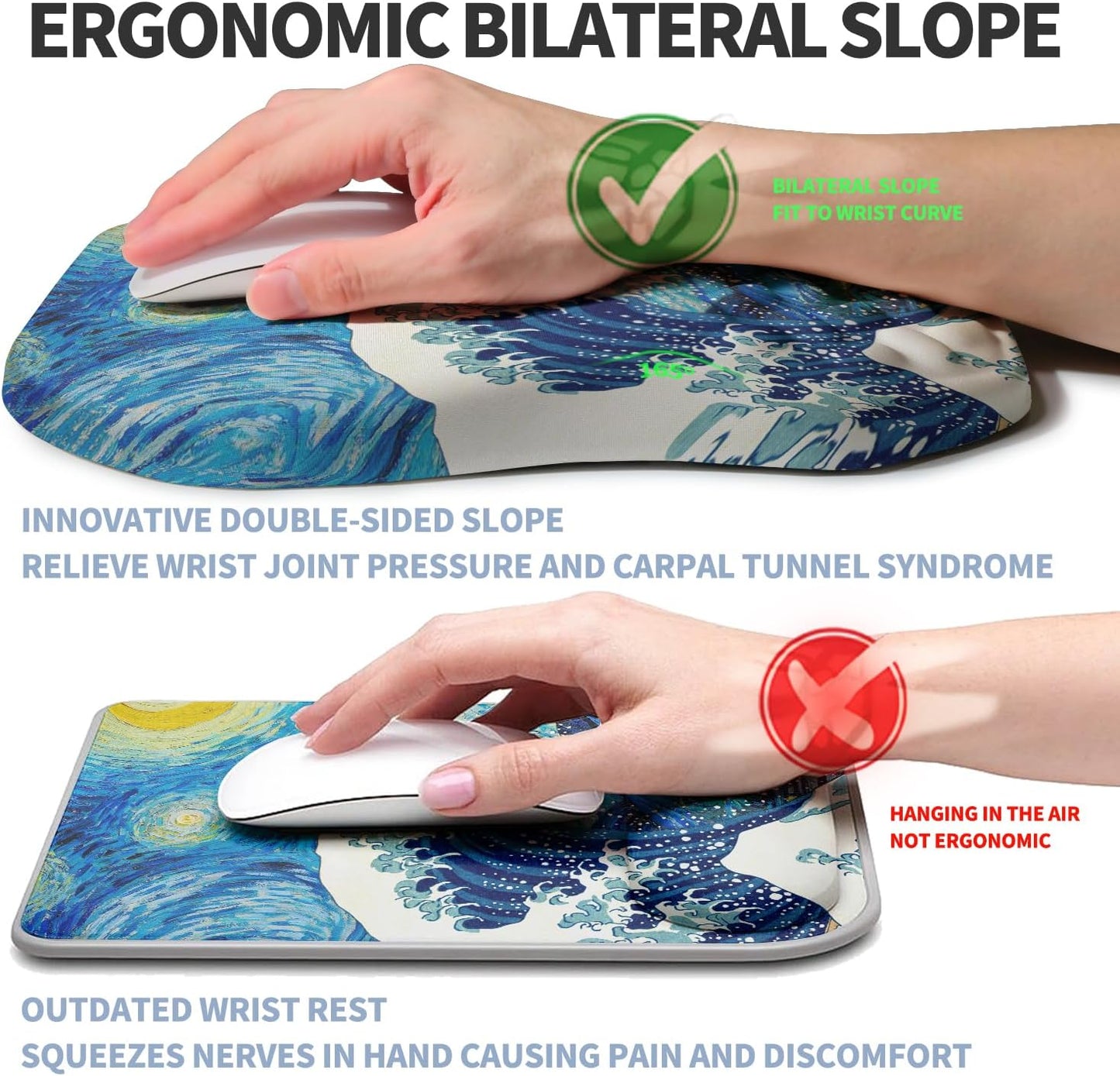 Ergonomic Raised Mouse Pad Wrist Support with Bilateral Slope Memory Foam Mousepad for Wrist Rest and Carpal Tunnel Pain Relief 11.8x7.9〃Starry Night Waves