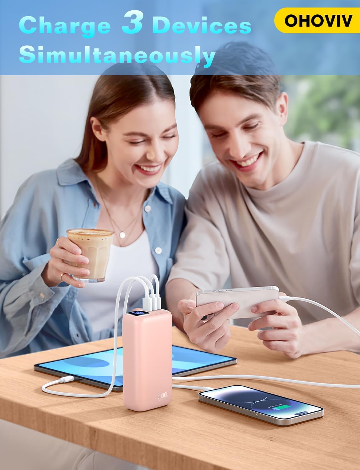 Portable Charger 50000mAh Power Bank - 22.5W Fast Charging External Battery Pack, LED Display USB-C Portable Cell Phone Charger for iPhone 16/15/14/13 Pro, Android, Samsung Galaxy, Etc(Pink)