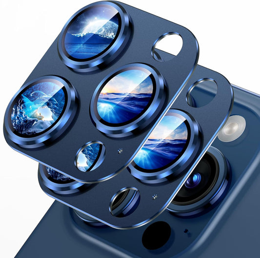 Uyiton Compatible with iPhone 15 Pro/iPhone 15 Pro Max Camera Lens Protector, [Not Easy to Break][Strong Adsorption][Case-Friendly] Metal Tempered Glass Rear Camera Screen Cover - Blue, 2 Pack