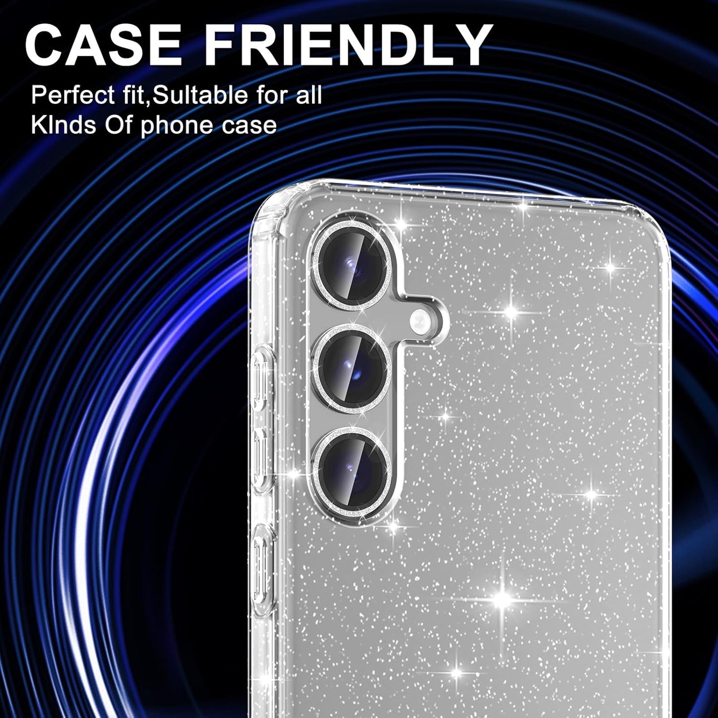 for Samsung Galaxy S24 FE Camera Lens Protector, Individual Metal Ring Tempered Glass Lens Cover, [Strong Adsorption] Scratch Resistant Ultra-Thin HD Clear Lens Cover, 1 Set-Silvery Sparkly