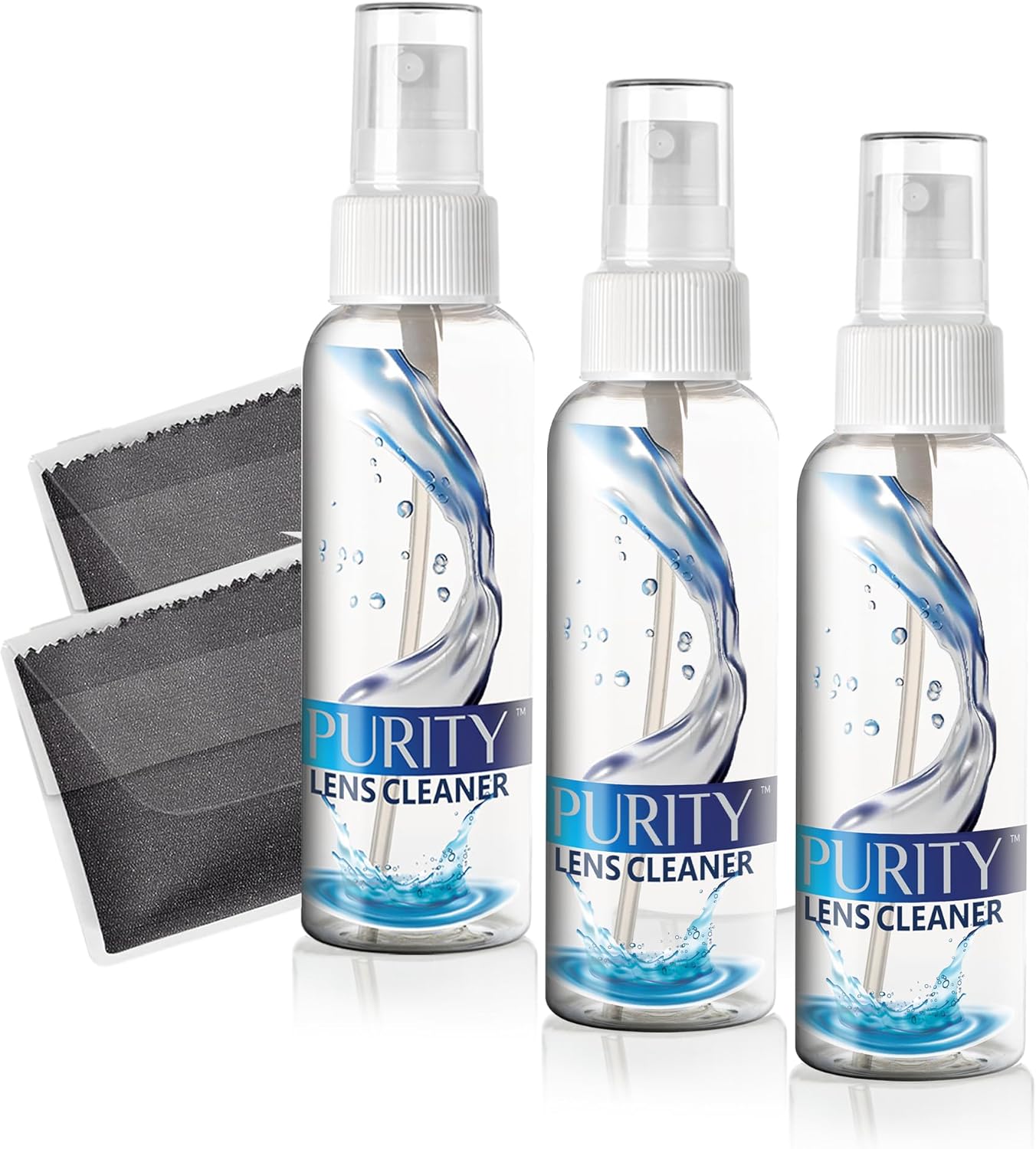 Purity Eyeglass Lens Cleaner Kit - 3 x 1oz Travel Size Lens Cleaner Spray Bottle + 2 Microfiber Cleaning Cloths - Safe for All Lenses (AR Coated Included), Eyeglasses and Screens - Clear
