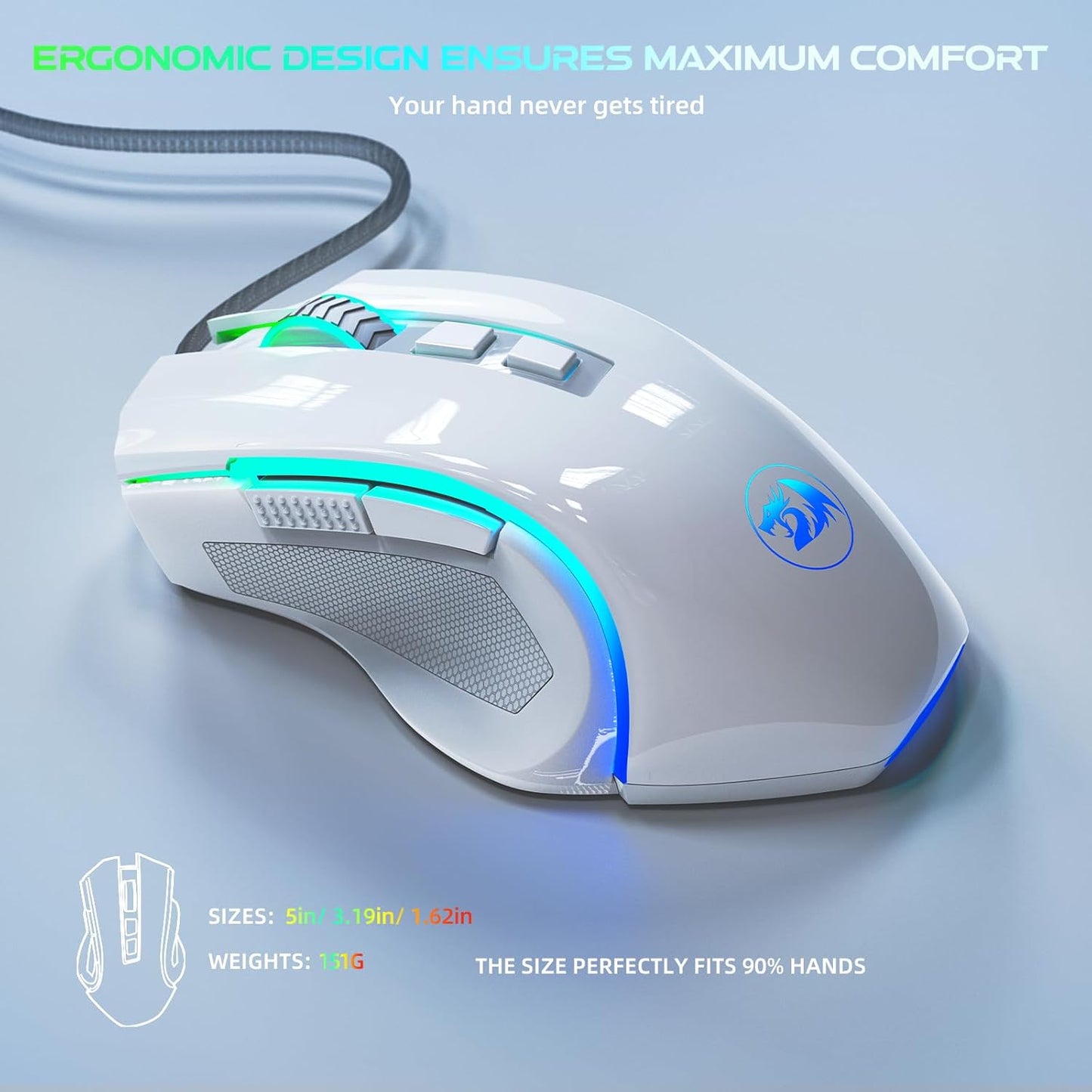 Redragon M602 Gaming Mouse, Ergonomic RGB Gaming Mouse Wired with 7200 Adjustable DPI, 9 Programmable Buttons, Professional Software for Gamer Office [White]