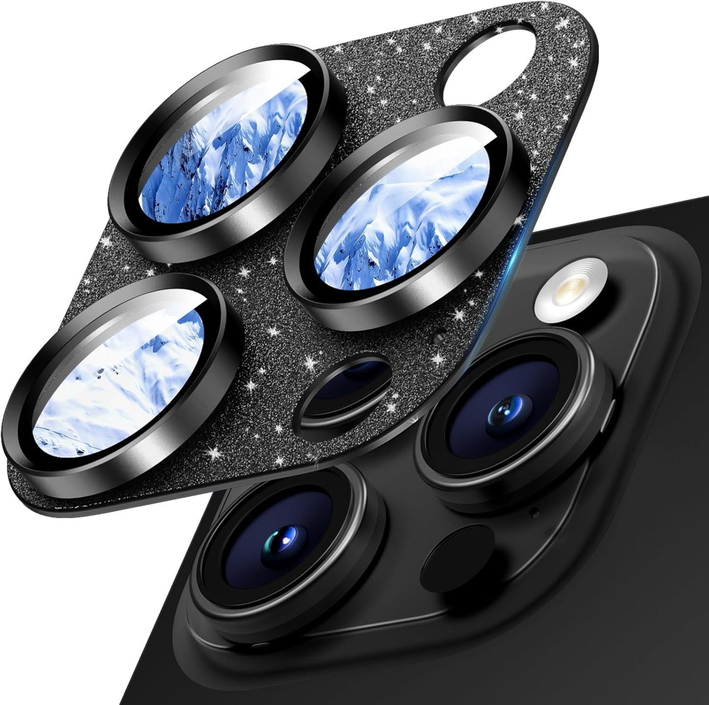 Camera Lens Protector for iPhone 16 Pro Max/16 Pro/15 Pro Max/15 Pro/14 Pro Max/14 Pro, Aluminum Alloy Sapphire Glass Camera Screen Cover, Case Friendly- Glitter Black
