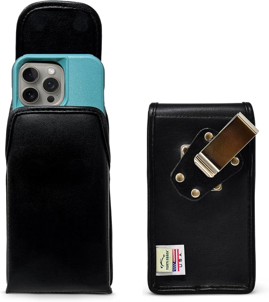 Turtleback Belt Clip for iPhone 16 Pro, 16e, 15 pro 14 Pro 13 Pro -Medium- Fits w/Shockproof Commuter Style Cases, Premium Black Leather, Vertical Belt Holder, Magnetic Closure HD Rotating Clip