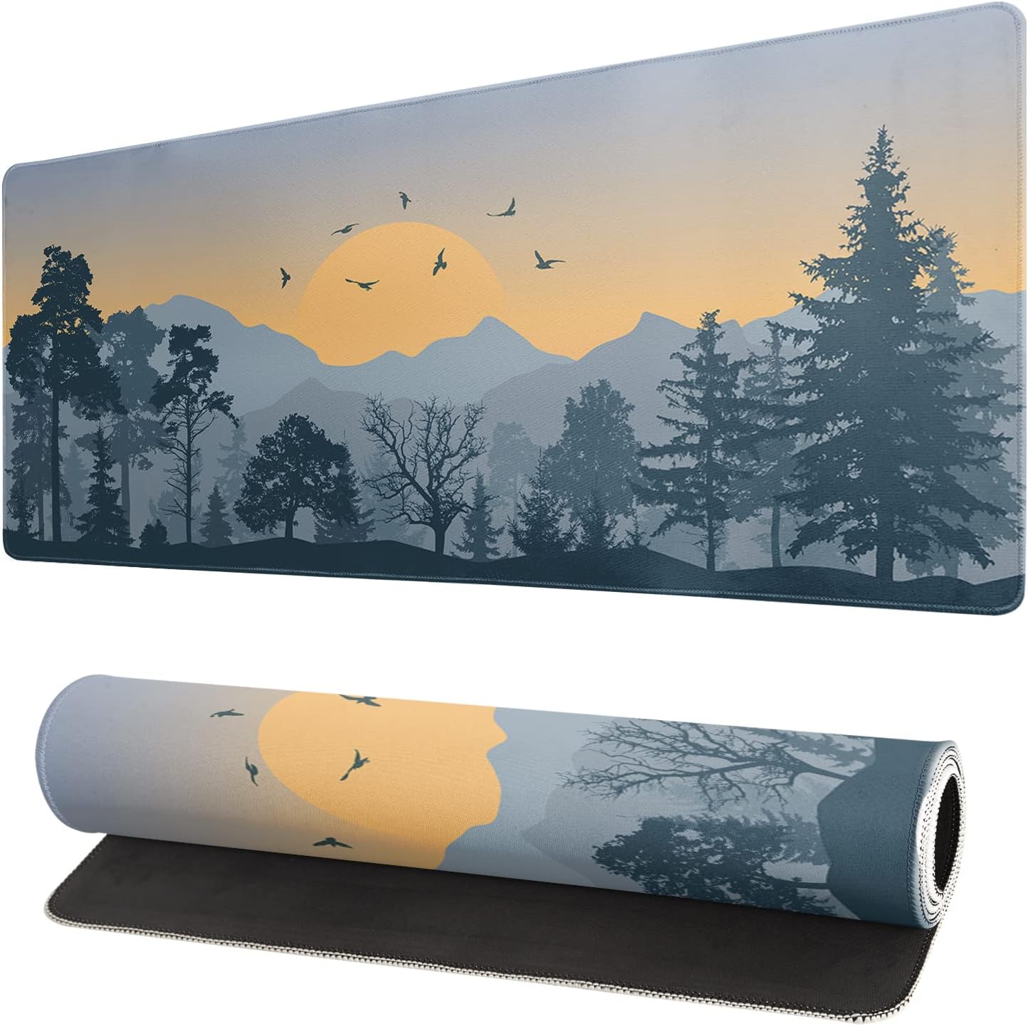Mountain Gaming Mouse Pad 31.5x11.8 Inch Forest Large Mousepad Extended Grey Mousepad Gaming Non-Slip Rubber Base Stitched Edges Keyboard Mouse Mat Desk Pad for Office Home and Game