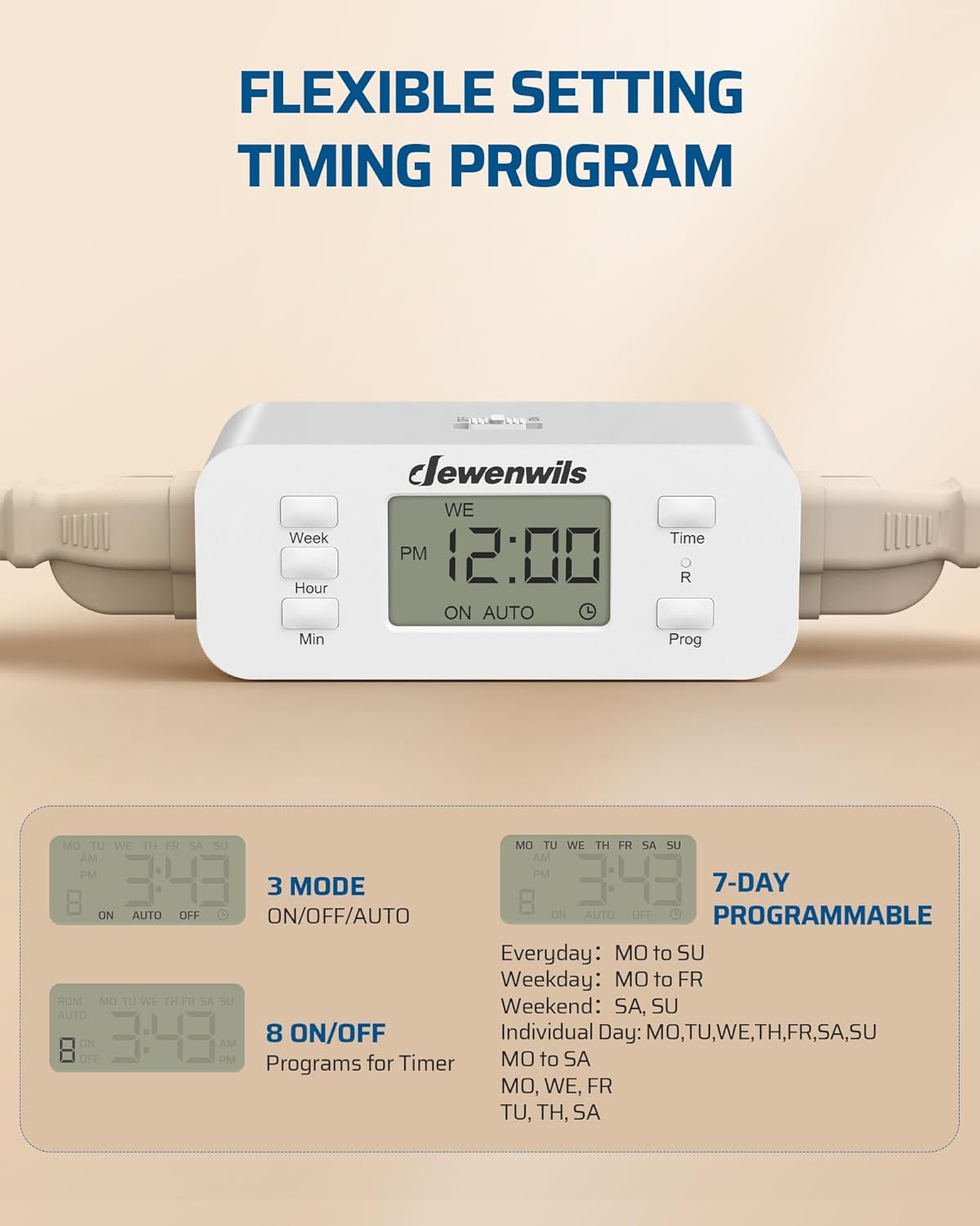DEWENWILS 7 Day Heavy Duty Timers for Electrical Outlets, Dual Outlet Digital Timer, 3 Prong Programmable Light Timer for Indoor Lamp, Light, Fan, Pets, Home, Kitchen, Office, 125V 60Hz, 1 Pack