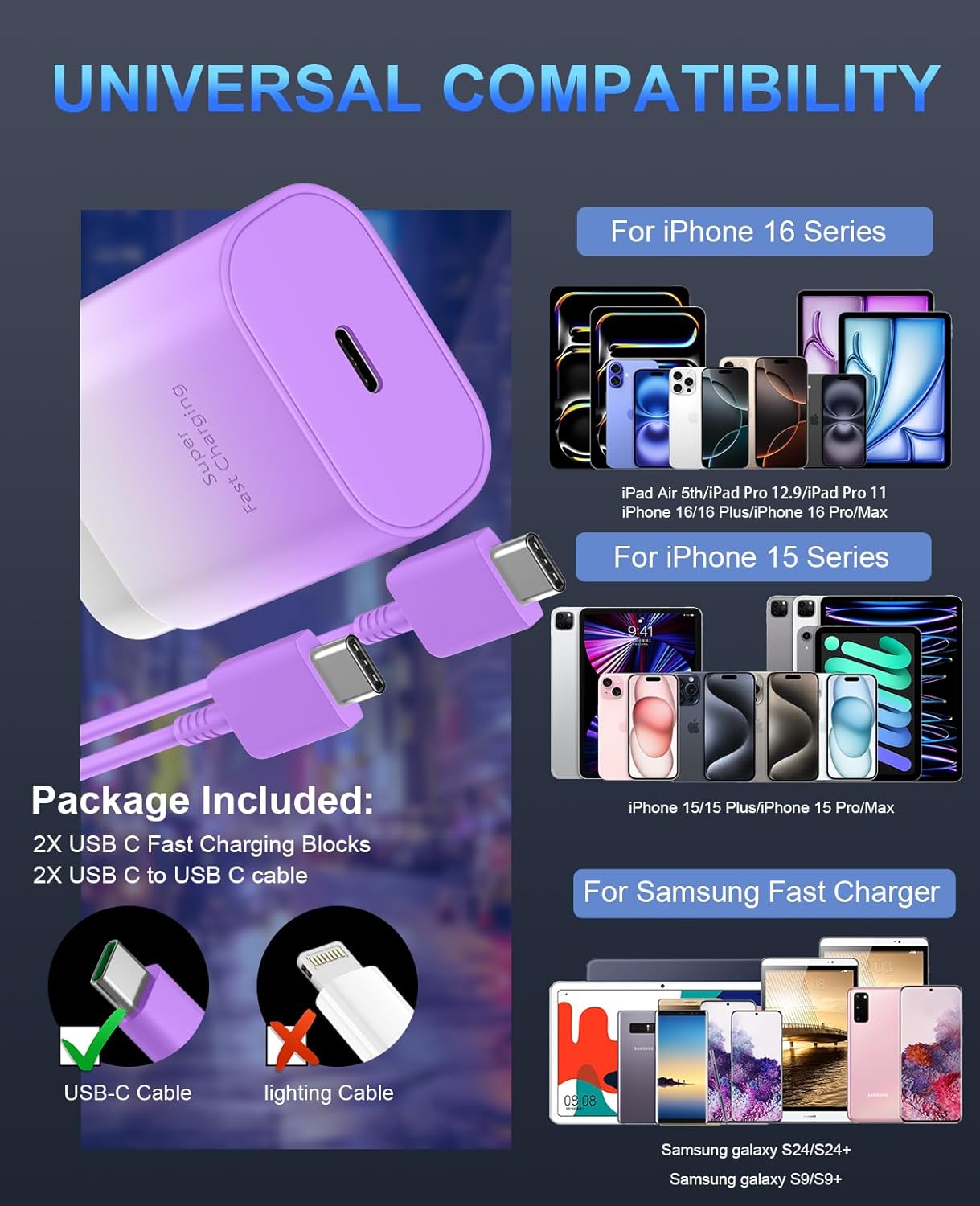 Phone 15 Charger Fast Charging,30W USB C Wall Chargers,Phone 15 Pro Max Charger Block &10FT Long USB C Cable Cord for Phones 15/15 Pro Max/15 Pro/15 Plus/Pro 12.9,S24 Ultra Plus,Purple Gradient