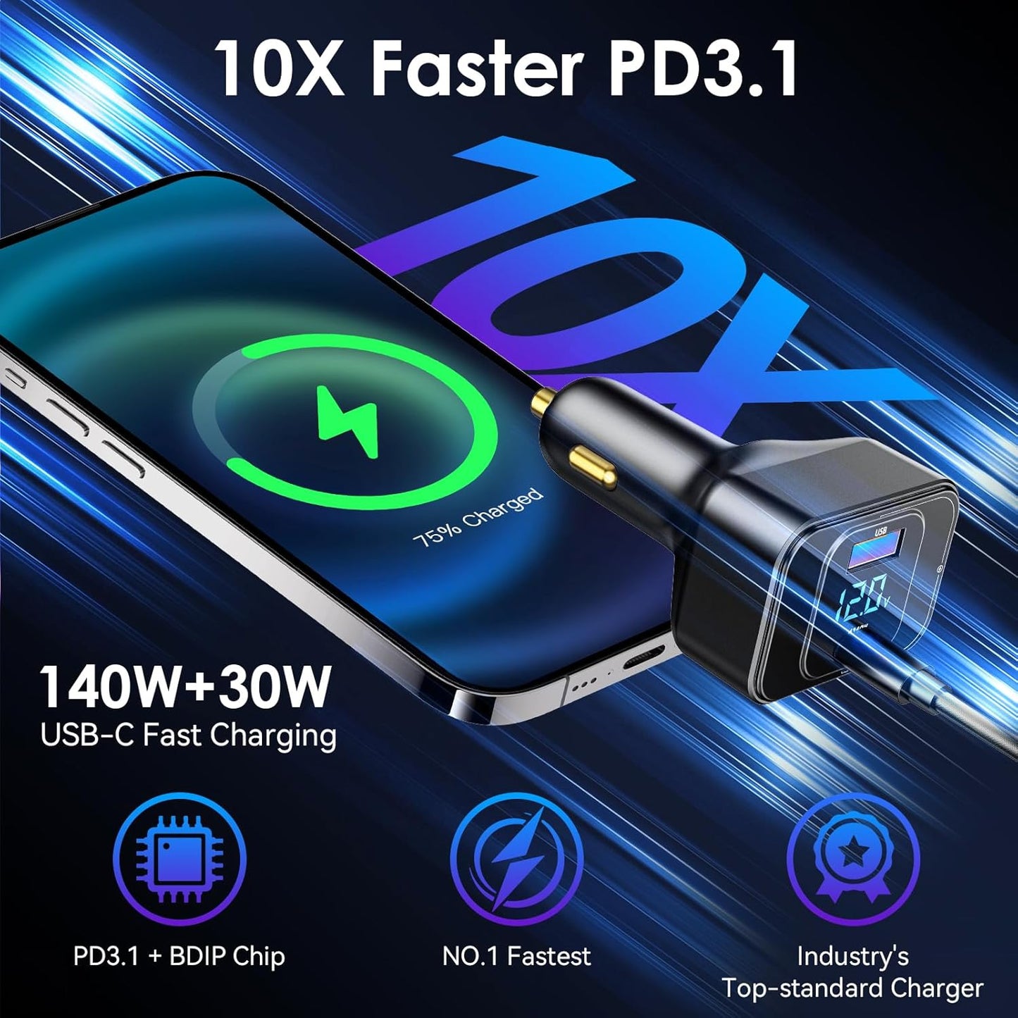 170W PD3.1 Car Charger with LED Voltage Display, USB-C Cigarette Lighter Adapter Fast Charging (140W+30W) for iPhone 16 Pro Max/Samsung S25 Ultra/MacBook/Drones/Laptops, 12V-24V Vehicle