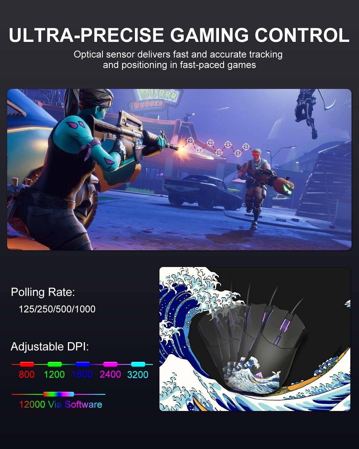 COSTOM Womier G705 USB Wired Gaming Mouse for PC Computer Windows Mac Laptop, Lightweight Silent RGB Backlit Mouse with Adjustable 12000DPI/7 Programmable Side Buttons,Black Kanagawa Theme