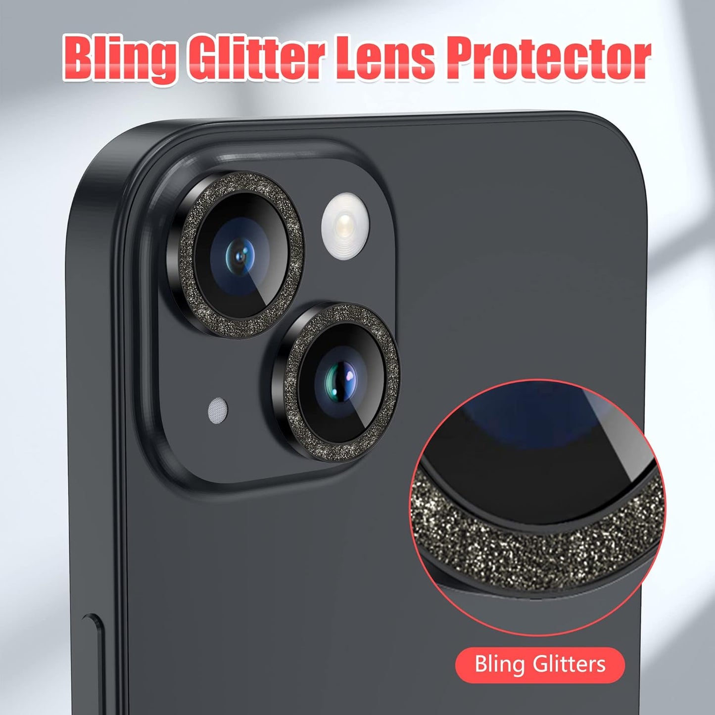 AGVEE 3+3 for iPhone 14 6.1" / 14 Plus 6.7" Camera Lens Protector, Bling Diamond & Bling Glitter Metal Ring 9H Tempered HD Glass Camera Protector Cover Film, Bling-Black