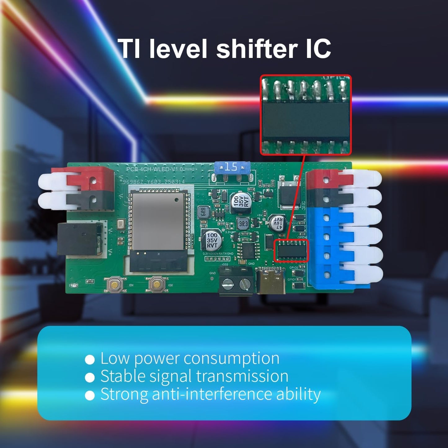 ESP32 WLED LED Strip Controller 4 Channel Outputs 15A Fuse Link TI Level Shifter UART Download DIY Dynamic Lighting Mode APP Control for Digital RGB IC WS2811 WS2812 WS2815 SK6812 etc