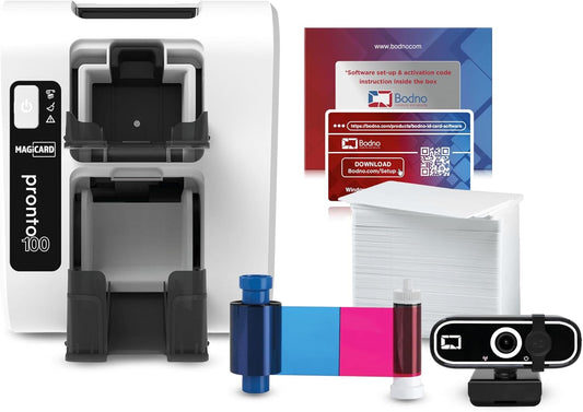 Bodno Magicard Pronto 100 ID Card Printer & Complete Supplies Package ID Software and Camera - Bronze Edition