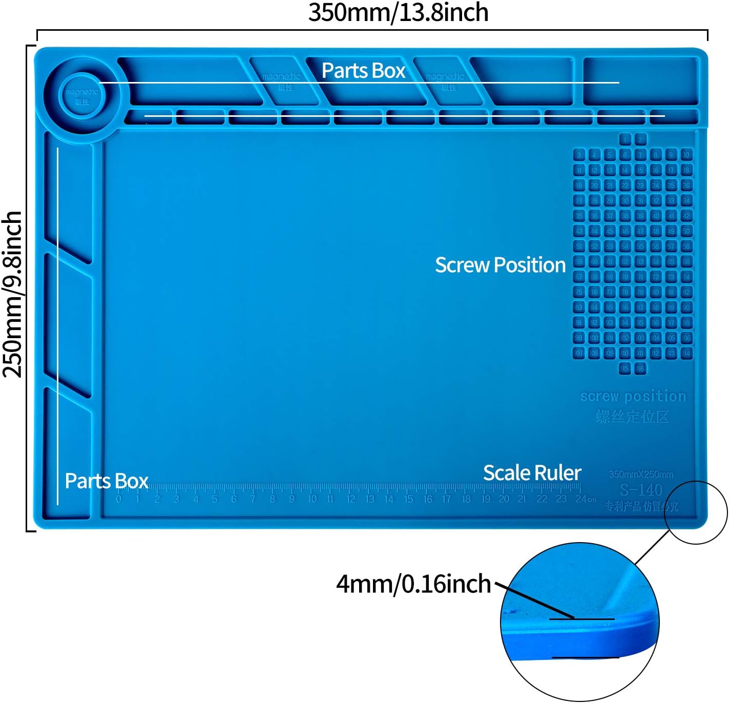 Kaisi S-140 Magnetic Insulation Silicone Soldering Mat, Heat Resistant Work Mat 932F for Repair Electronics, Phone, Soldering Iron, Gun, BGA, Workbench, Size: 13.8 x 9.8 inch