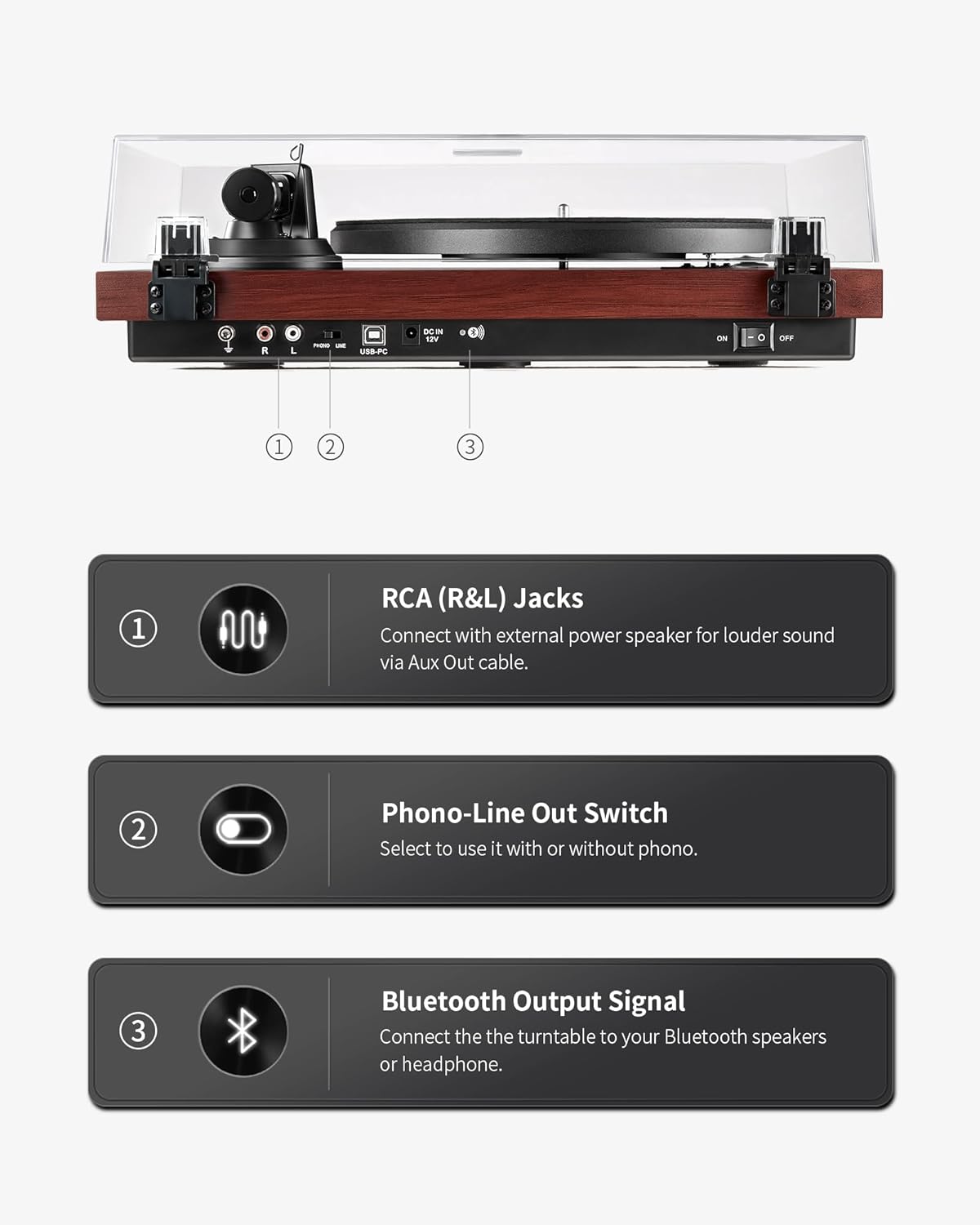 ANGELS HORN Vinyl Record Player Turntable with 2-Speed Belt-Drive, Bluetooth Output, Pitch Control, Built-in Phono Preamp, Adjustable Counterweight, AT-3600L