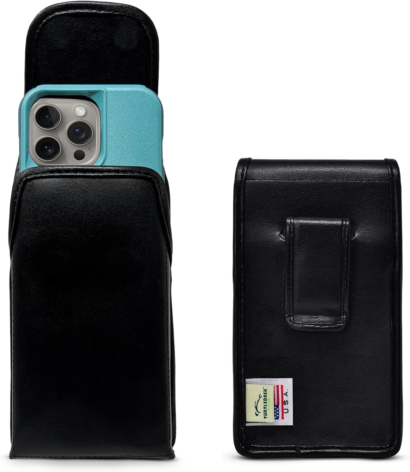 Turtleback Belt Holder for iPhone 16 Pro, 16e, 15 pro 14 Pro 13 Pro -Medium- Fits w/Shockproof Commuter Style Cases, Premium Black Leather Vertical Holster, Magnetic Closure Leather Wrapped Clip