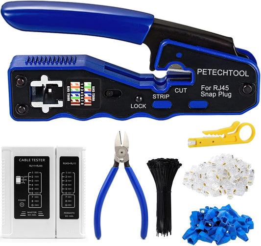RJ45 Crimp Tool for Cat6 Cat5e Cat5 Pass Through Connectors,All-in-one EZ Crimping Tool Full Set with Cat6 Connectors and Boots, Cable Ties, Cable Tester, Cable Scissors and Stripper