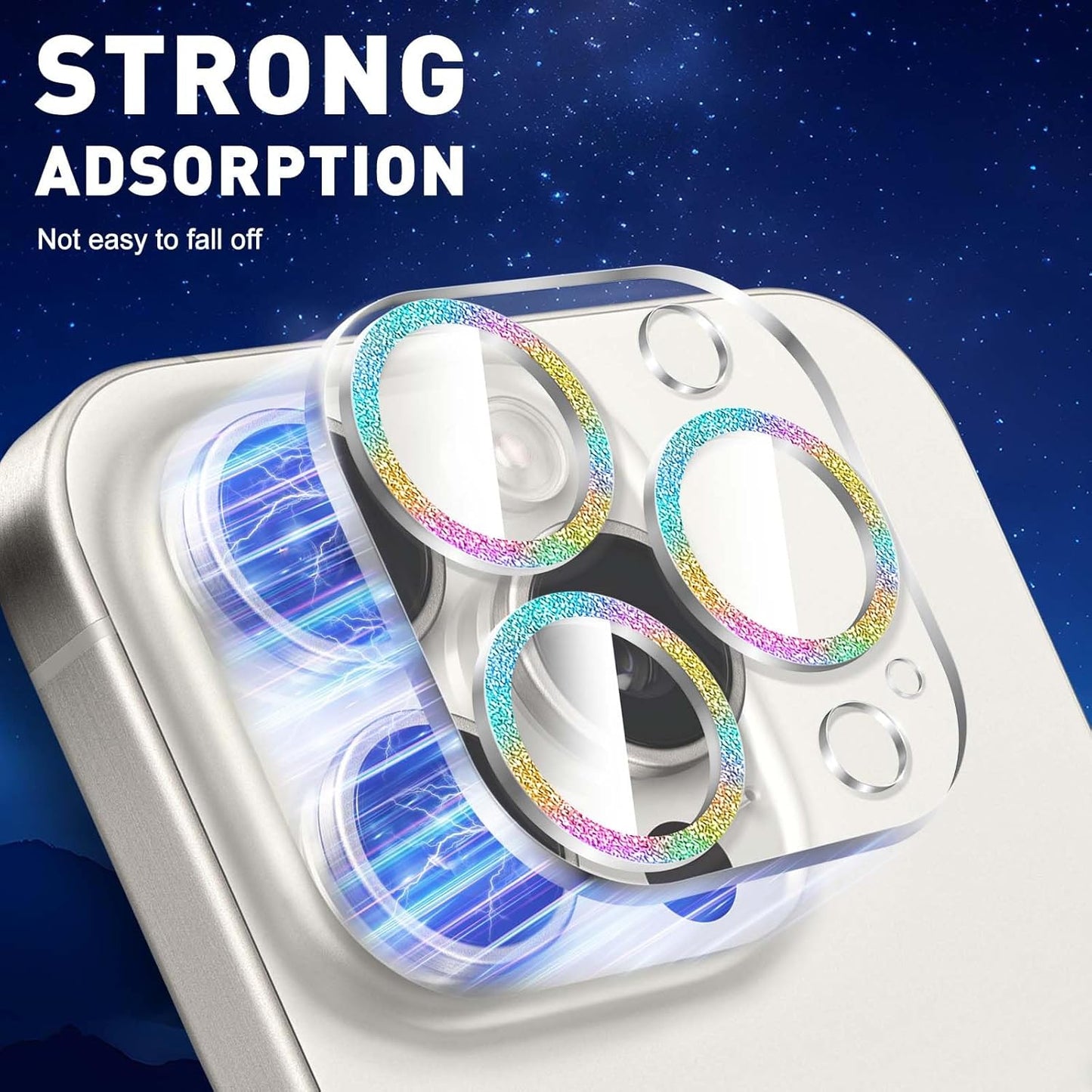 LucBuy 3PCS Sparkling Camera Lens Protector for iPhone 15 Pro/iPhone 15 Pro Max, Full Clear Acrylic Cover with Shiny Colorful Glitter Designed Decoration Back Camera Protector