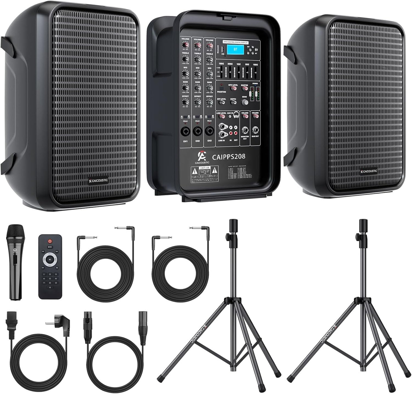 All-in-One 2-Way PA Speaker System DJ Mixer Bundle,300W 8-Channel Mixer Bluetooth, Amplifier Kit with 8" Subwoofer and 1" Horn Tweeter,USB,2 Speaker Stands, Mic