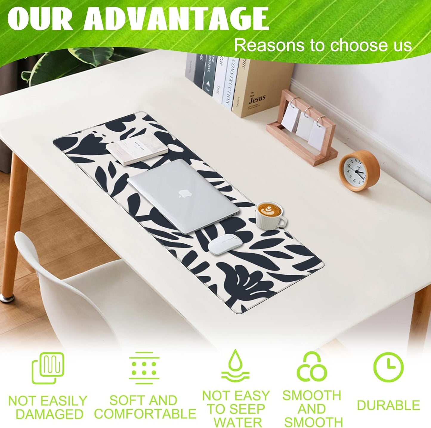 Desk Pad, Hand Drawn Leaves and Flowers Desk Mat, Abstract Plant Large Gaming Mouse Pad with Non-Slip Base and Stitched Edge, 31.5"x11.8"